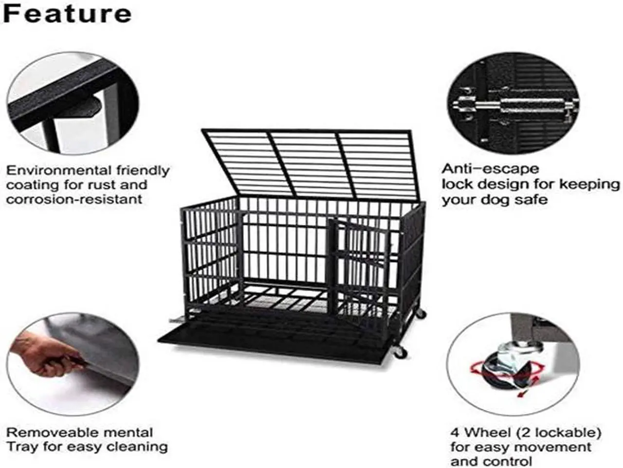 Alt view image 2 of 7 - 48'' Heavy Duty Metal Dog Cage Kennel Crate and Playpen for Training Large Dog Indoor Outdoor with Double Doors & Locks Design Included Lockable Wheels Removable Tray(42in 48in) (48 in, Black)