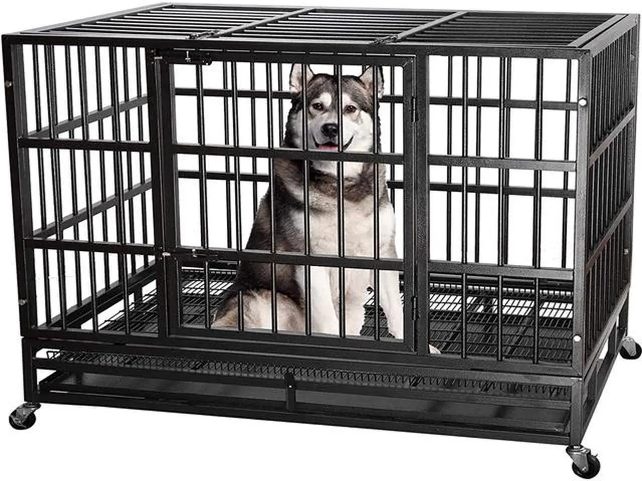 Main image of 48'' Heavy Duty Metal Dog Cage Kennel Crate and Playpen for Training Large Dog Indoor Outdoor with Double Doors & Locks Design Included Lockable Wheels Removable Tray(42in 48in) (48 in, Black)