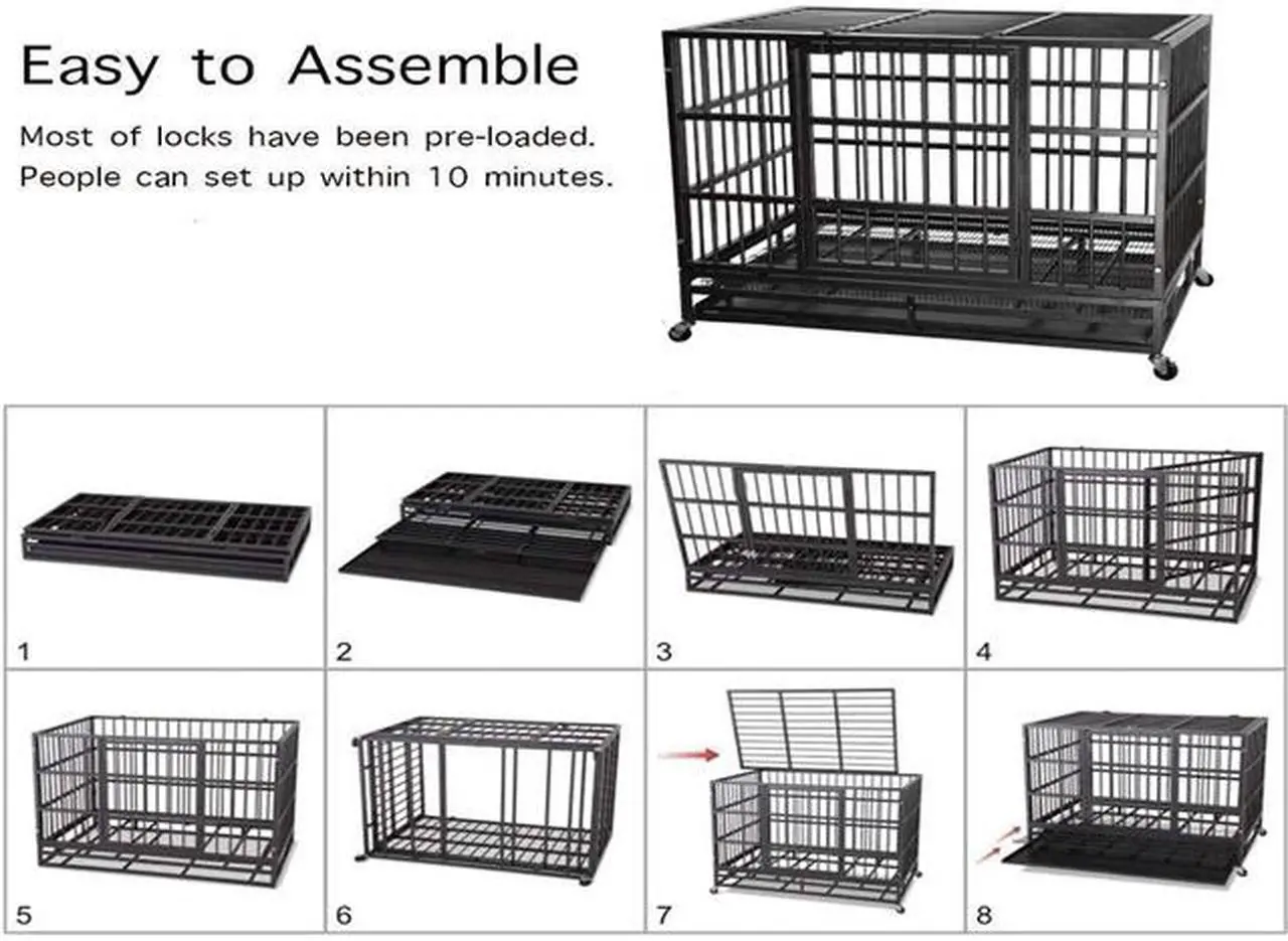 Alt view image 6 of 7 - 48'' Heavy Duty Metal Dog Cage Kennel Crate and Playpen for Training Large Dog Indoor Outdoor with Double Doors & Locks Design Included Lockable Wheels Removable Tray(42in 48in) (48 in, Black)