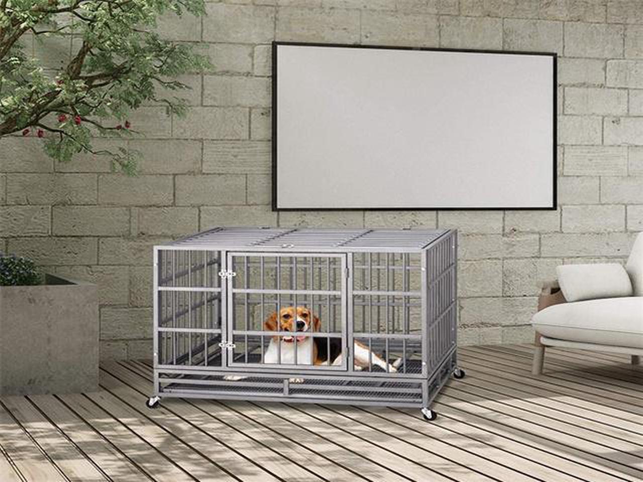 Alt view image 4 of 7 - 48'' Heavy Duty Metal Dog Cage Kennel Crate and Playpen for Training Large Dog Indoor Outdoor with Double Doors & Locks Design Included Lockable Wheels Removable Tray