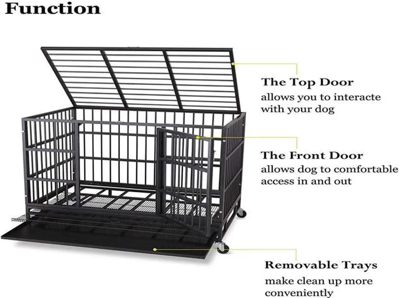 Alt view image 4 of 7 - 48'' Heavy Duty Metal Dog Cage Kennel Crate and Playpen for Training Large Dog Indoor Outdoor with Double Doors & Locks Design Included Lockable Wheels Removable Tray(42in 48in) (48 in, Black)