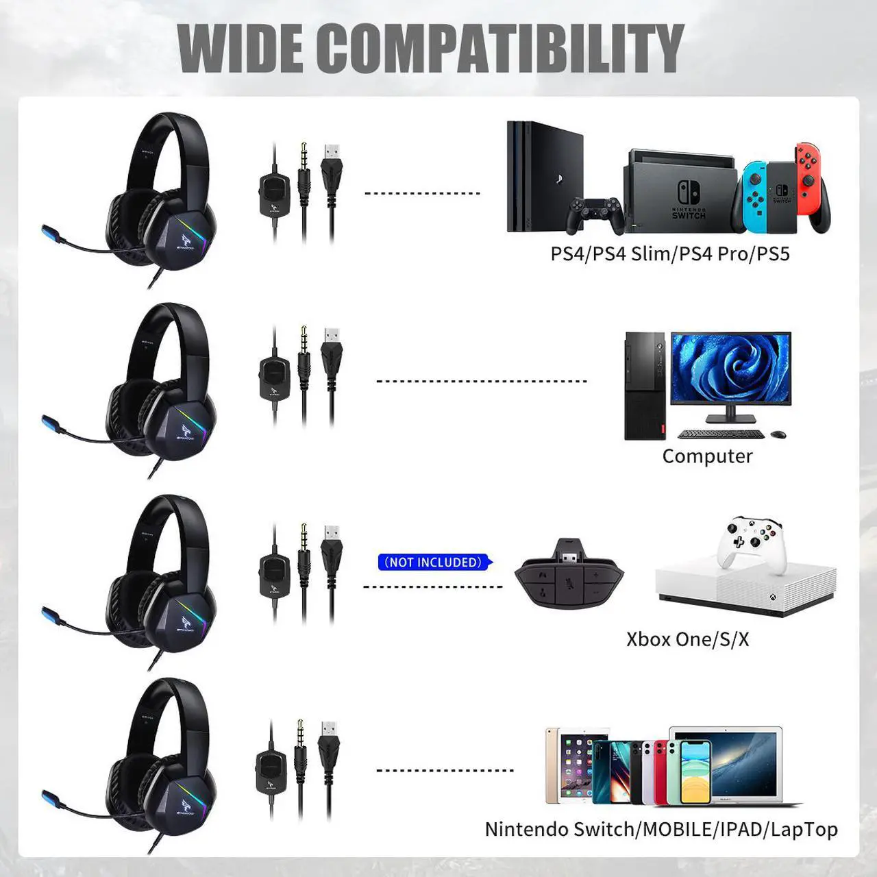 Alt view image 2 of 6 - SOMIC Gaming Headset with Mic for PS4, Xbox One, PC Stereo Sound Headphone with Detachable Microphone, RGB LED Light, Soft Earmuffs, Volume Controller Gamer Headsets  3.5MM Plug
