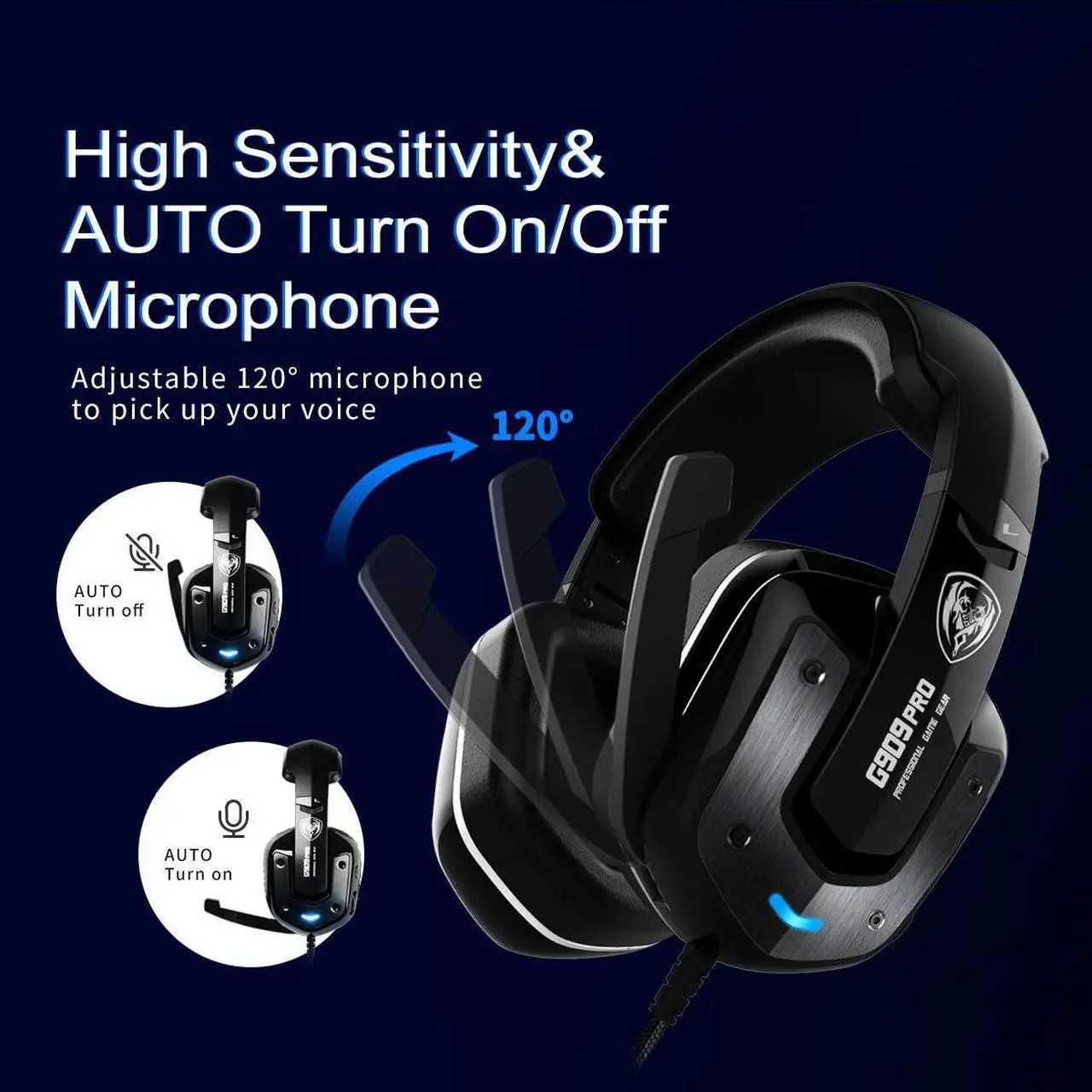 Alt view image 4 of 7 - SOMIC G909PRO 7.1 Virtual Surround Sound USB Gaming Headset Over Ear Bass Headphone for PS4,PC with Mic,Volume Control,LED(Black)