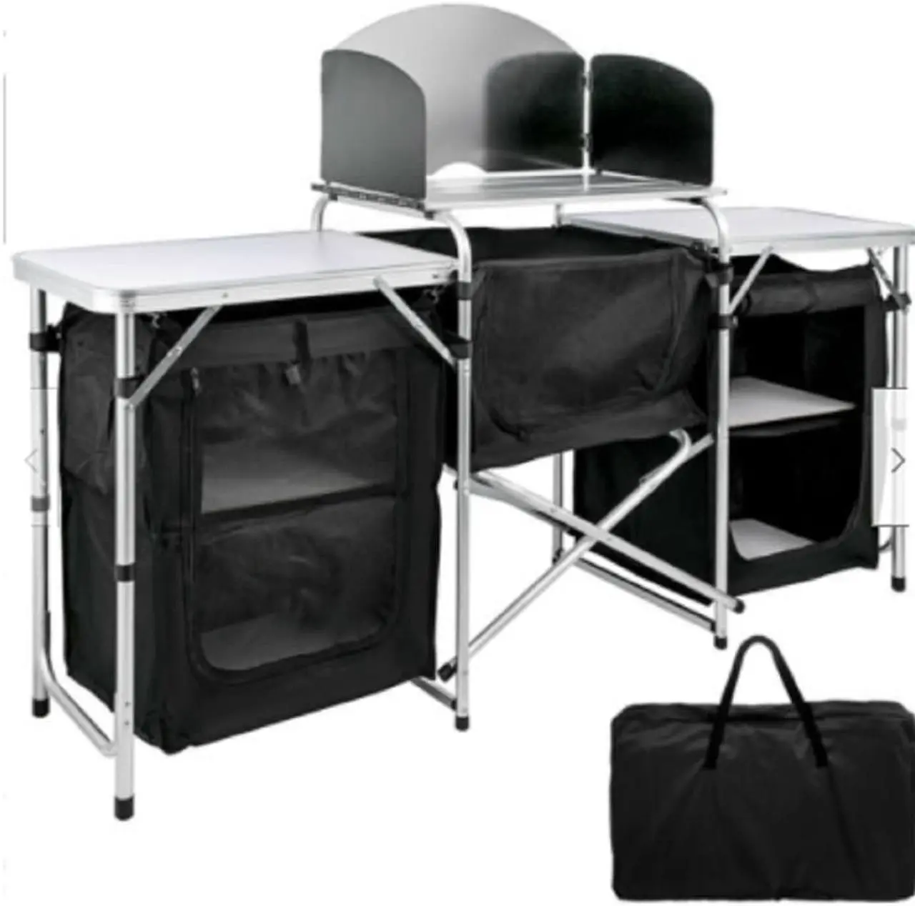 Alt view image 2 of 2 - Portable Camping Kitchen Table Cooking Windscreen Heat Resistant Tabletop Zipper Storage Cabinets W/ Light Pole Heat-resistant tabletop Removable Steel Windscreens