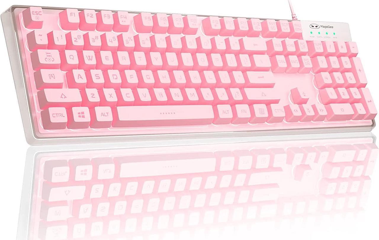 Gaming Keyboard, 7 Solid Colors Backlit Wired Gaming Keyboard with Clear Housing and Double-Shot Keycaps, MageGee K1 Waterproof Ergonomic 104 Keys Light Up Keyboard for PC Desktop Laptop, Pink