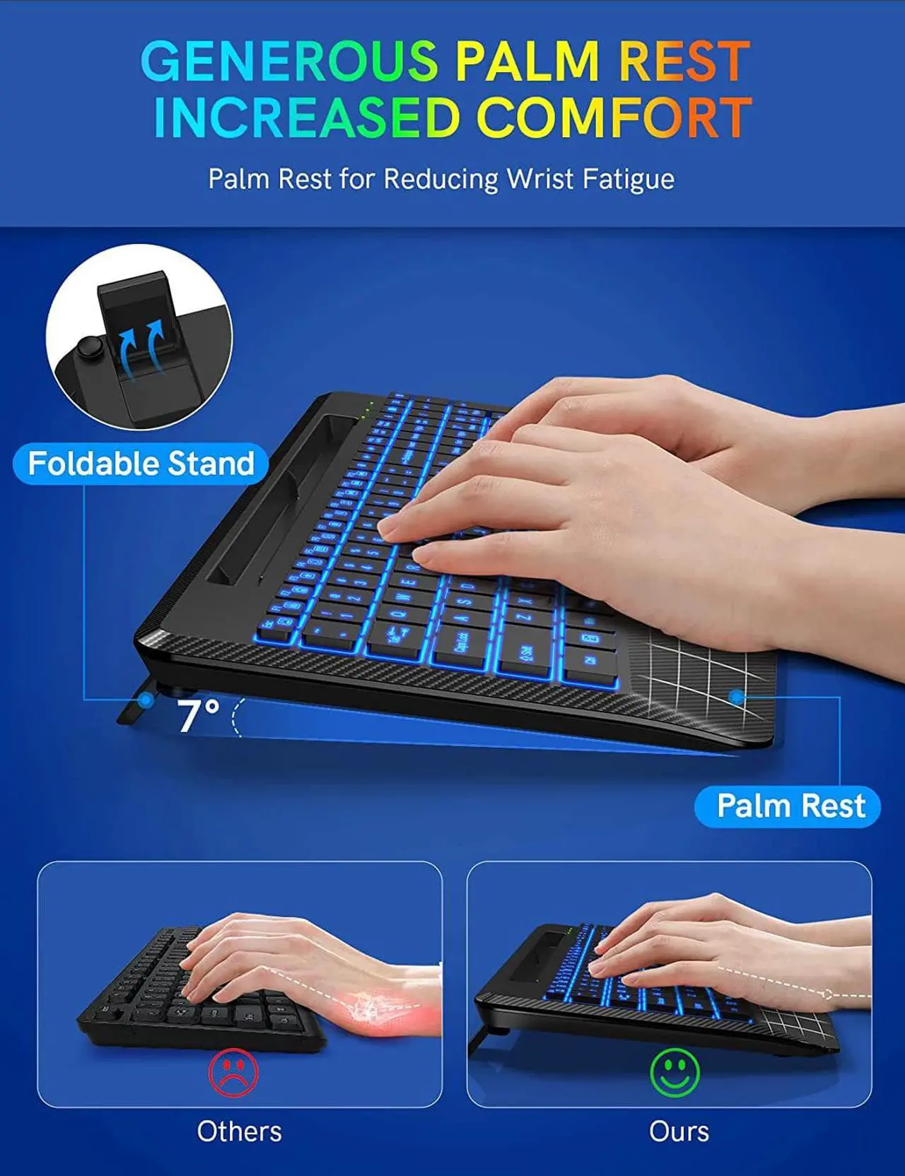 Alt view image 3 of 7 - Wireless Keyboard with 7 Colored Backlits, Wrist Rest, Phone Holder, Rechargeable Ergonomic Computer Keyboard with Silent Keys, Full Size Lighted Keyboard for Windows, MacBook, PC, Laptop (Black)
