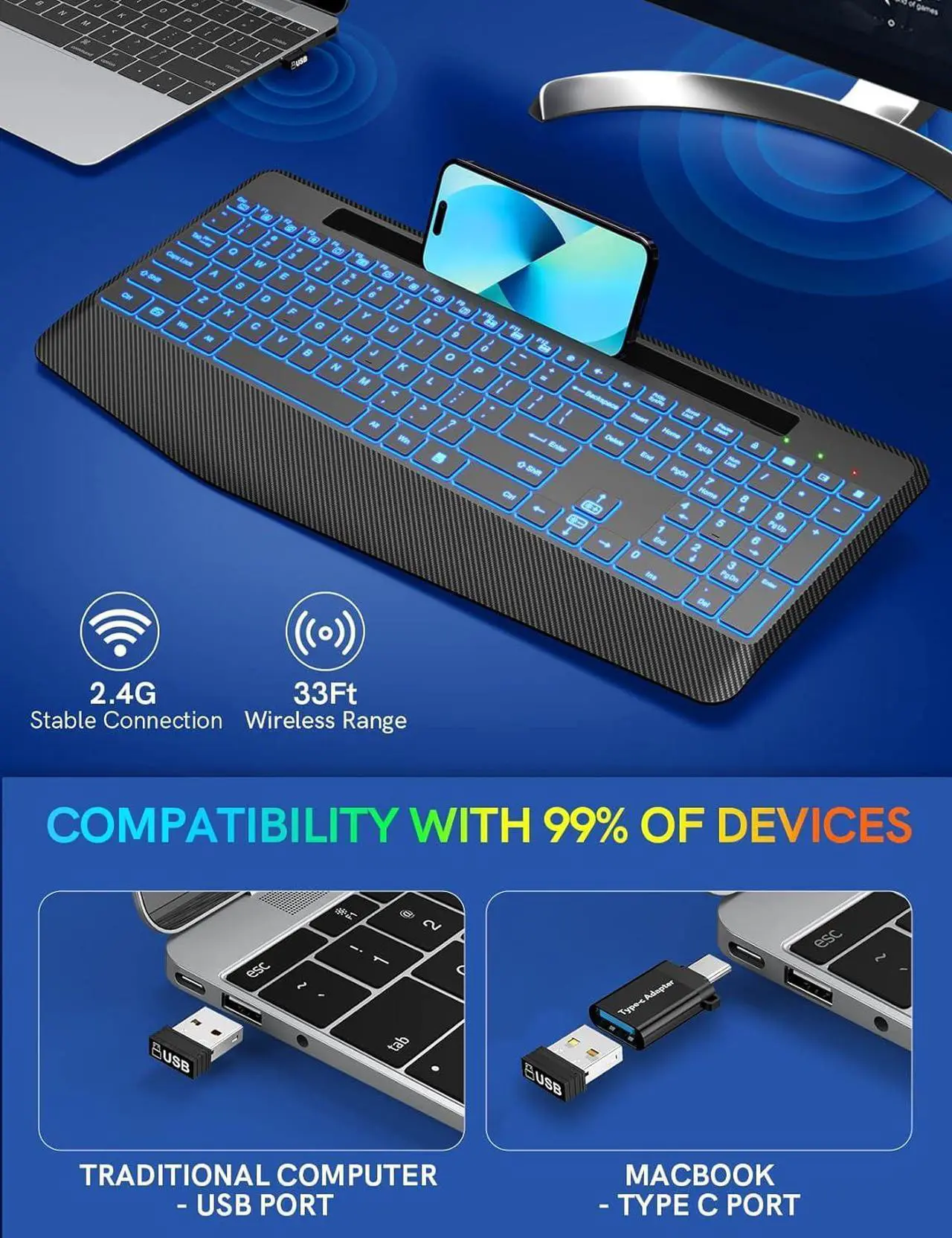 Alt view image 5 of 7 - Wireless Keyboard with 7 Colored Backlits, Wrist Rest, Phone Holder, Rechargeable Ergonomic Computer Keyboard with Silent Keys, Full Size Lighted Keyboard for Windows, MacBook, PC, Laptop (Black)