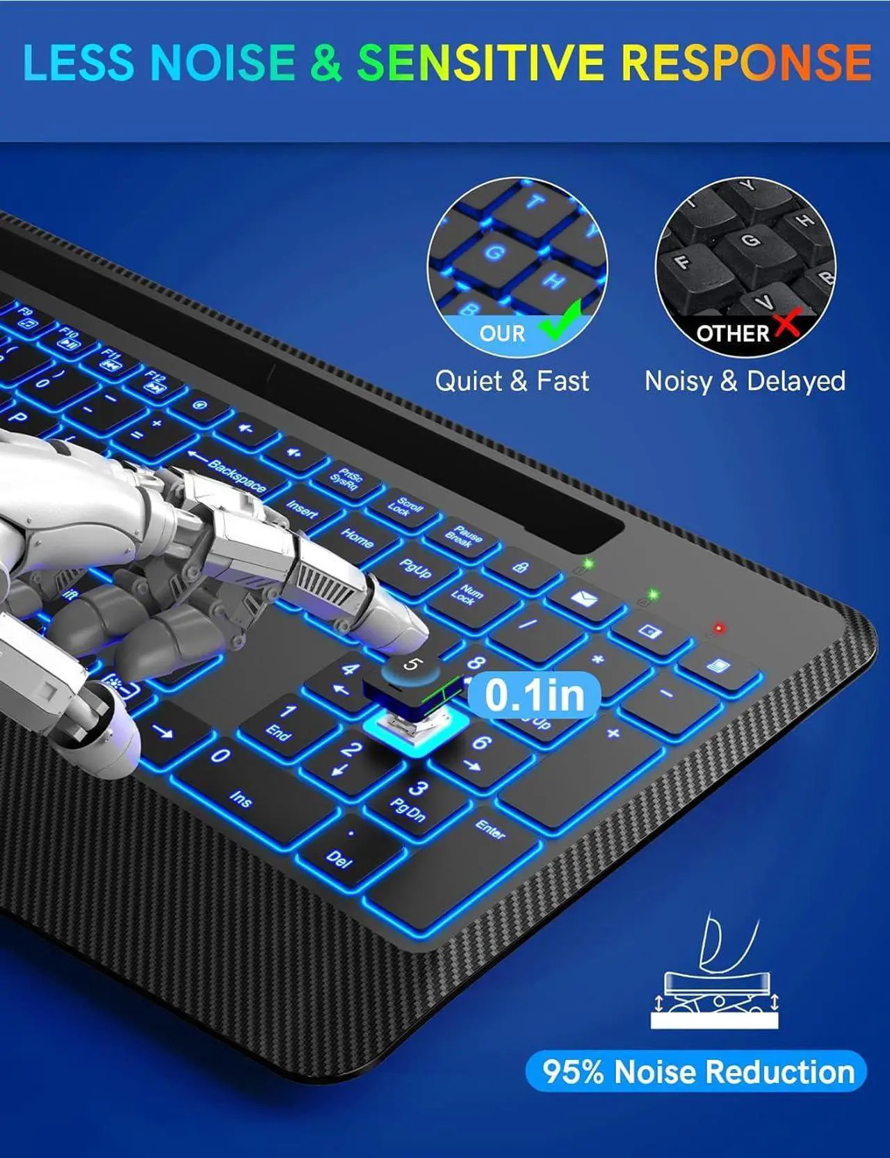 Alt view image 6 of 7 - Wireless Keyboard with 7 Colored Backlits, Wrist Rest, Phone Holder, Rechargeable Ergonomic Computer Keyboard with Silent Keys, Full Size Lighted Keyboard for Windows, MacBook, PC, Laptop (Black)
