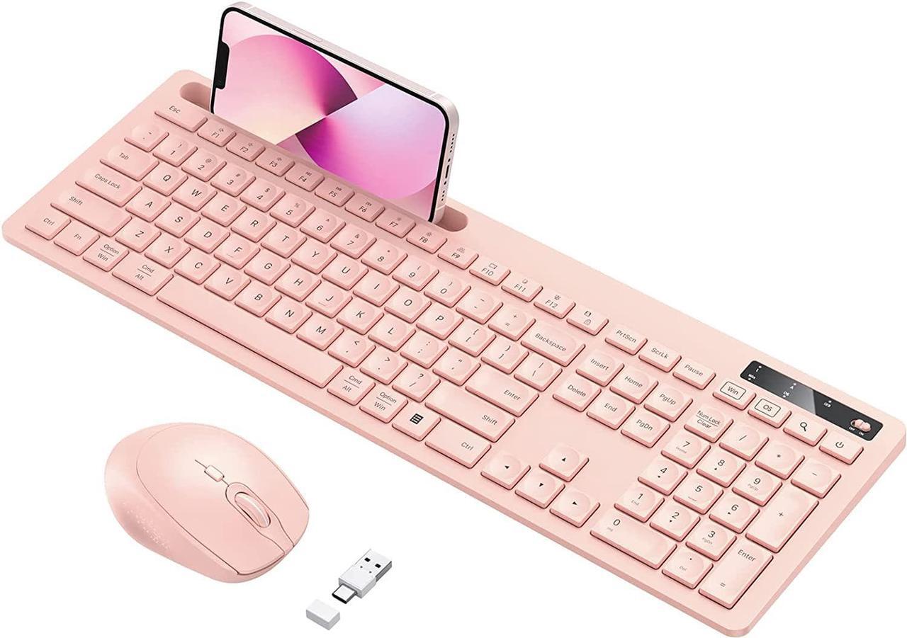 Main image of Wireless Keyboard and Mouse for MacBook, Vivefox Pink Wireless Keyboard with Phone Holder USB A & Type C Receiver Rose Gold Keyboard and Mouse for Windows, Mac, MacBook/Air/Pro Computer