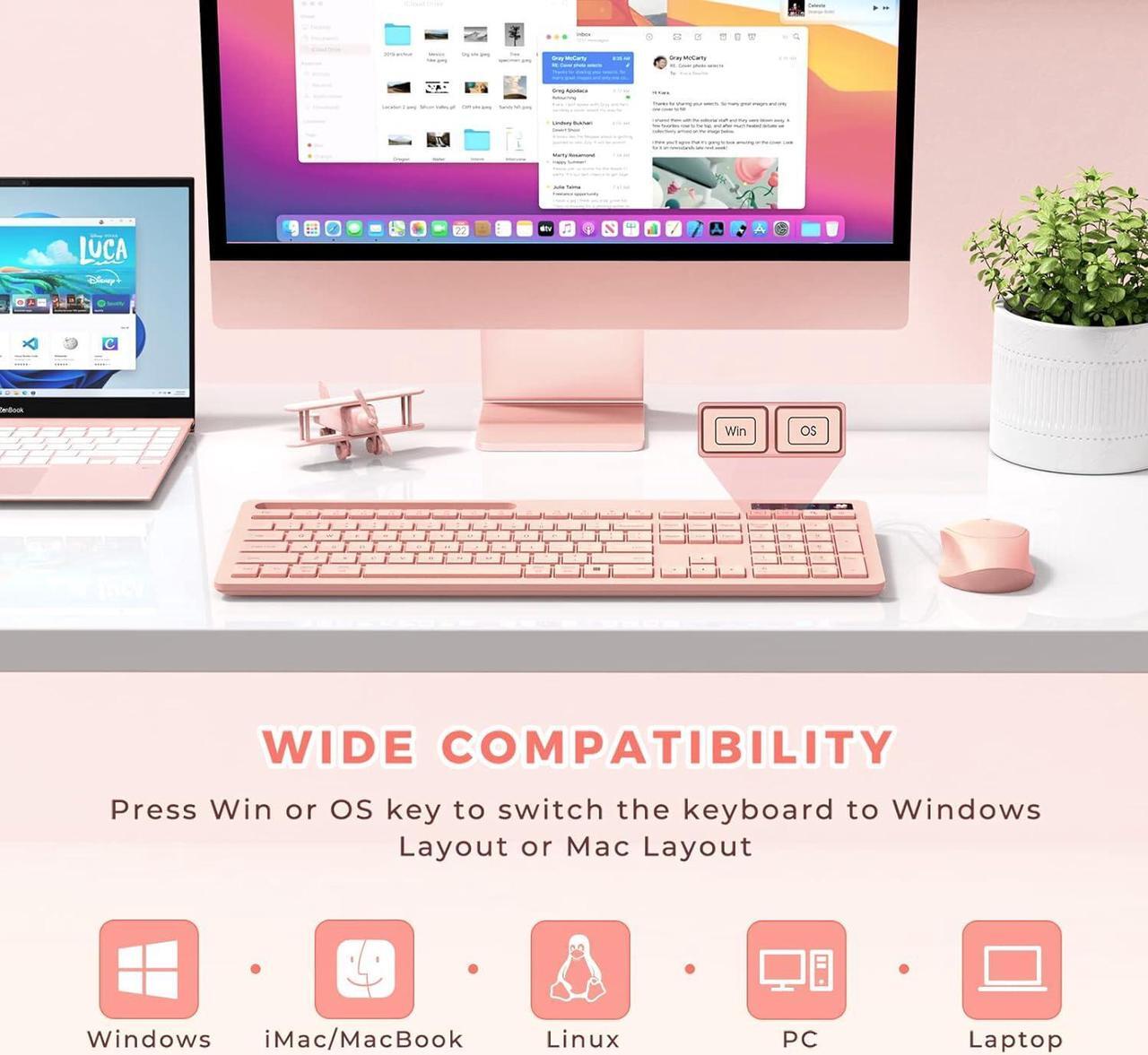 Alt view image 3 of 7 - Wireless Keyboard and Mouse for MacBook, Vivefox Pink Wireless Keyboard with Phone Holder USB A & Type C Receiver Rose Gold Keyboard and Mouse for Windows, Mac, MacBook/Air/Pro Computer