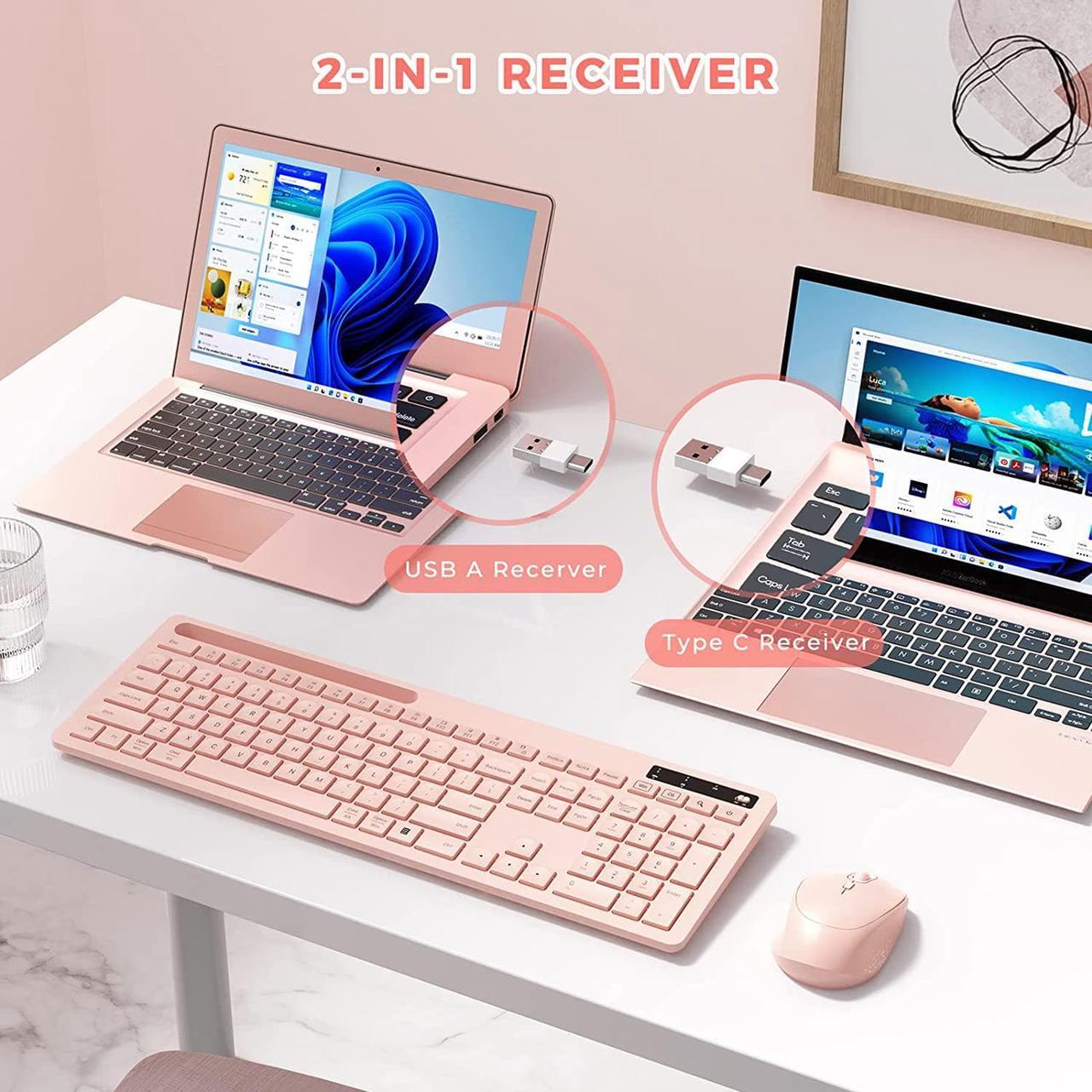 Alt view image 2 of 7 - Wireless Keyboard and Mouse for MacBook, Vivefox Pink Wireless Keyboard with Phone Holder USB A & Type C Receiver Rose Gold Keyboard and Mouse for Windows, Mac, MacBook/Air/Pro Computer