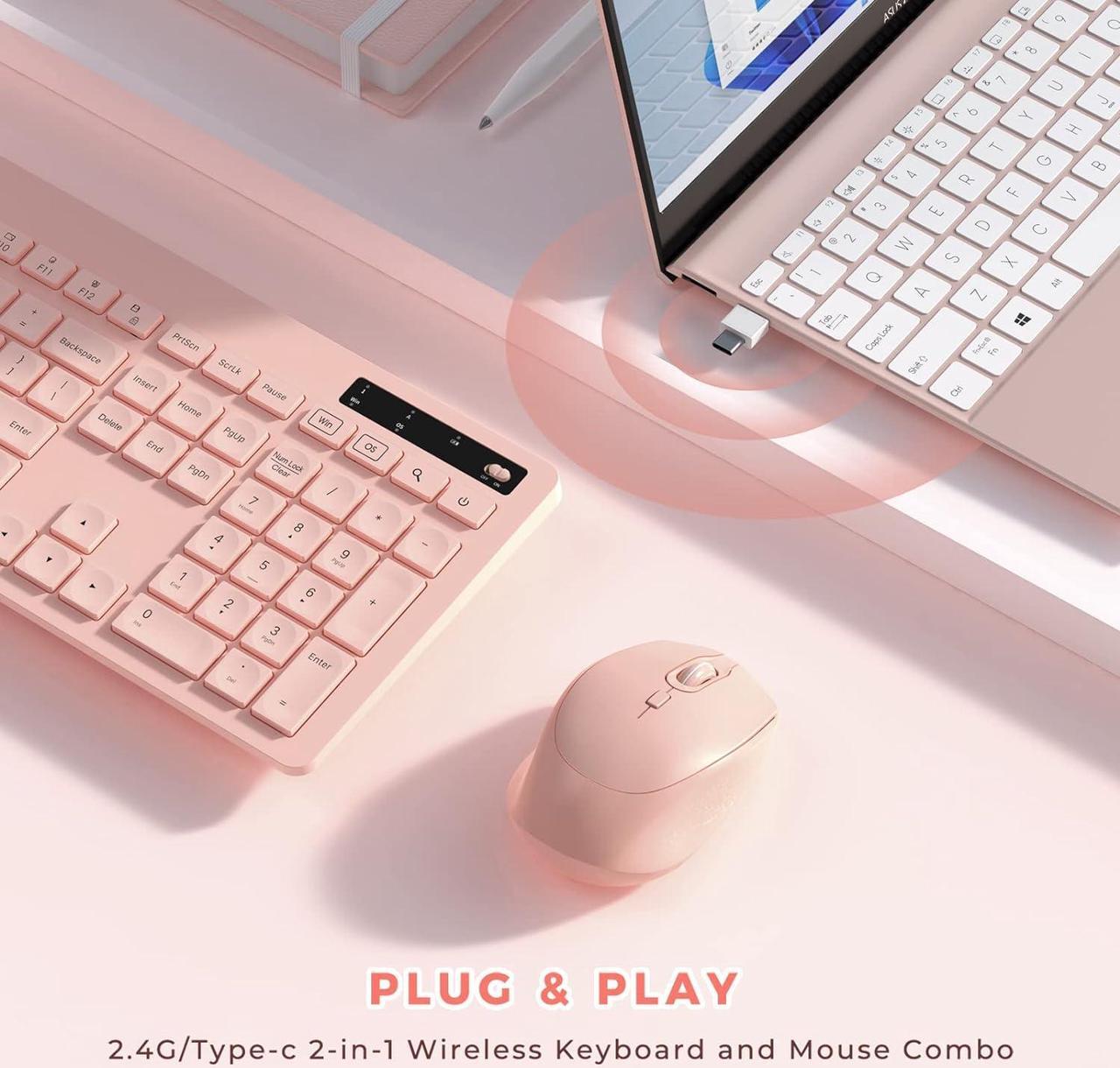 Alt view image 5 of 7 - Wireless Keyboard and Mouse for MacBook, Vivefox Pink Wireless Keyboard with Phone Holder USB A & Type C Receiver Rose Gold Keyboard and Mouse for Windows, Mac, MacBook/Air/Pro Computer
