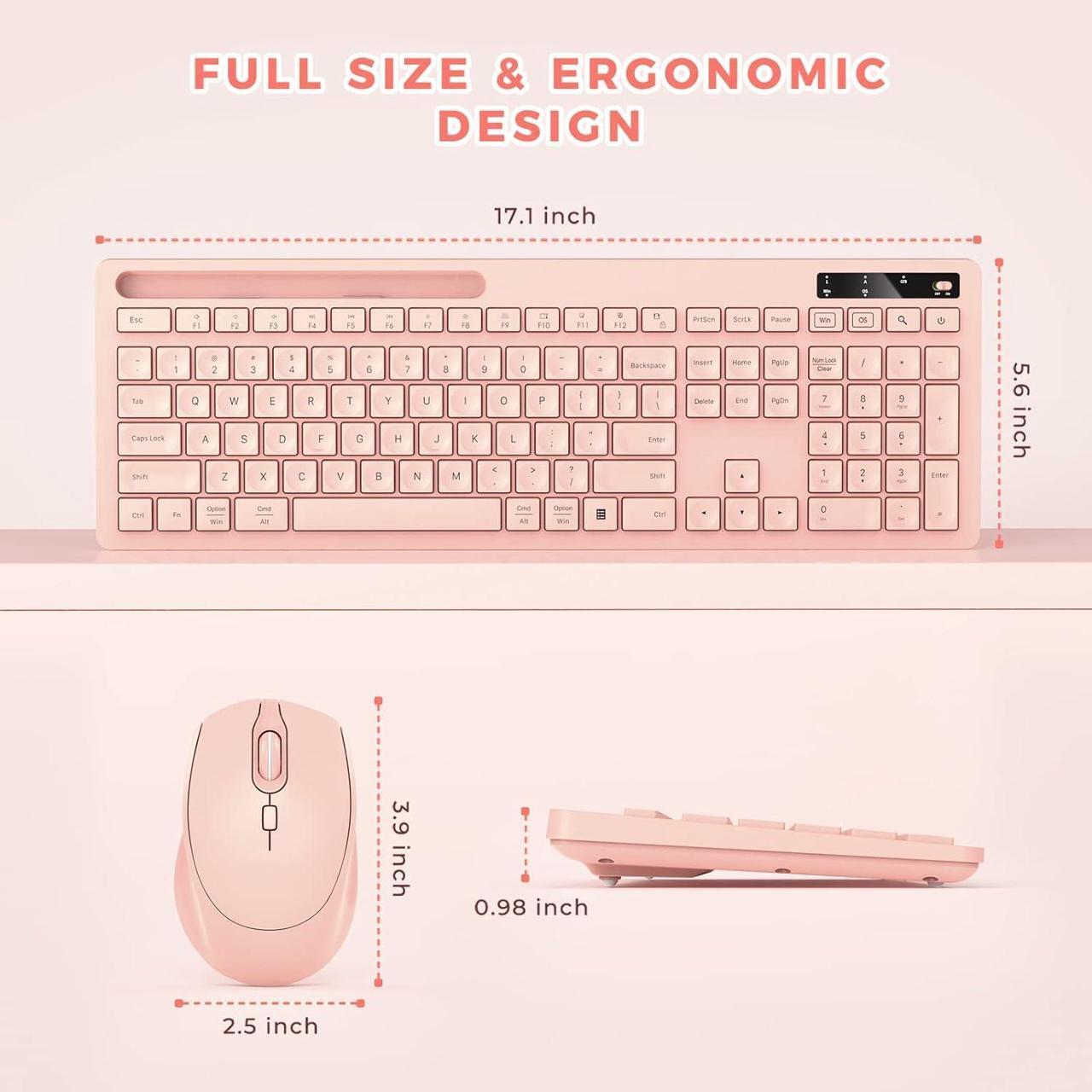 Alt view image 6 of 7 - Wireless Keyboard and Mouse for MacBook, Vivefox Pink Wireless Keyboard with Phone Holder USB A & Type C Receiver Rose Gold Keyboard and Mouse for Windows, Mac, MacBook/Air/Pro Computer