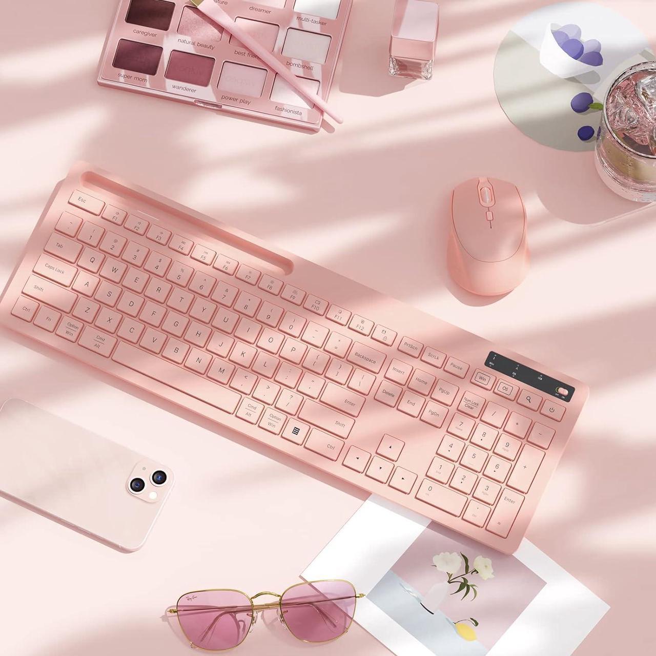 Alt view image 7 of 7 - Wireless Keyboard and Mouse for MacBook, Vivefox Pink Wireless Keyboard with Phone Holder USB A & Type C Receiver Rose Gold Keyboard and Mouse for Windows, Mac, MacBook/Air/Pro Computer