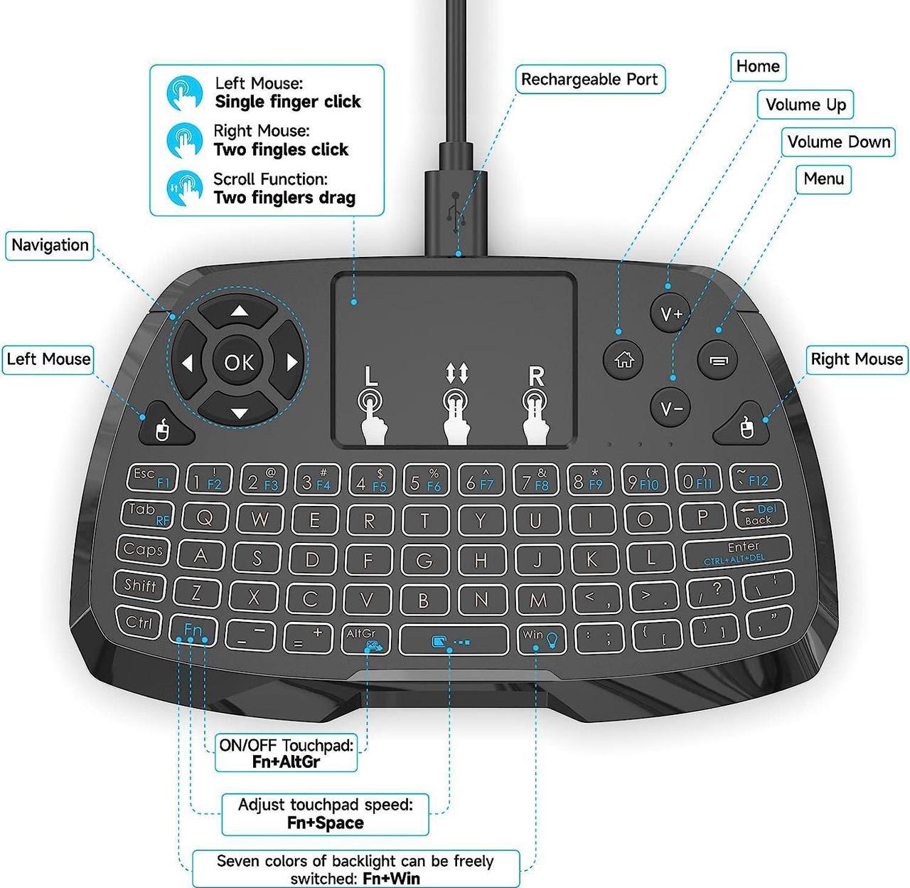Alt view image 4 of 7 - Miritz 2.4GHz Wireless Mini Keyboard with Mouse Touchpad Remote Control, LED Backlit Colorful, USB Liion Battery Charging Black