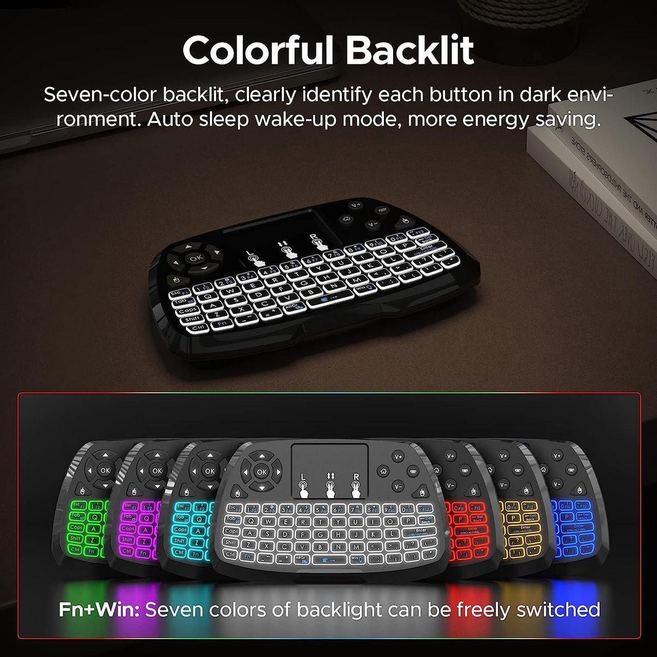 Alt view image 6 of 7 - Miritz 2.4GHz Wireless Mini Keyboard with Mouse Touchpad Remote Control, LED Backlit Colorful, USB Liion Battery Charging Black