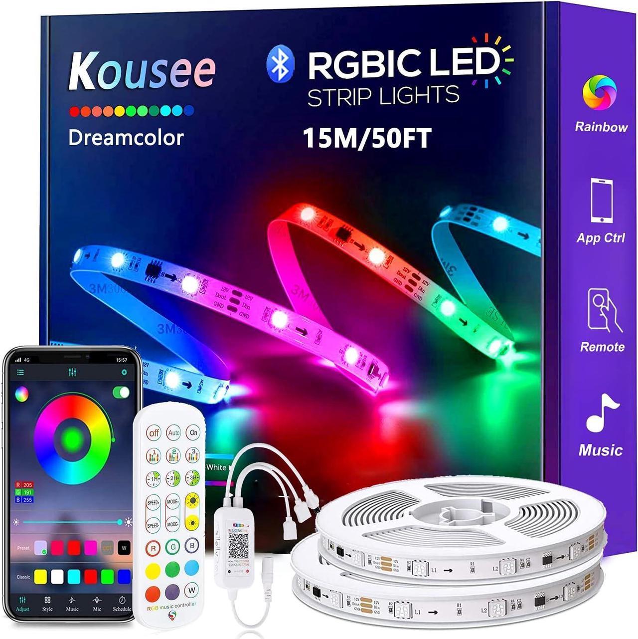 Chasing EffectDreamColor LED Strip Lights 50ft, 15m Kousee 5050 LED Lighting Strips RGB Flexible Rope Light with 12V Power Supply Non-Waterproof LED Strip Light for Home Indoor Decoration