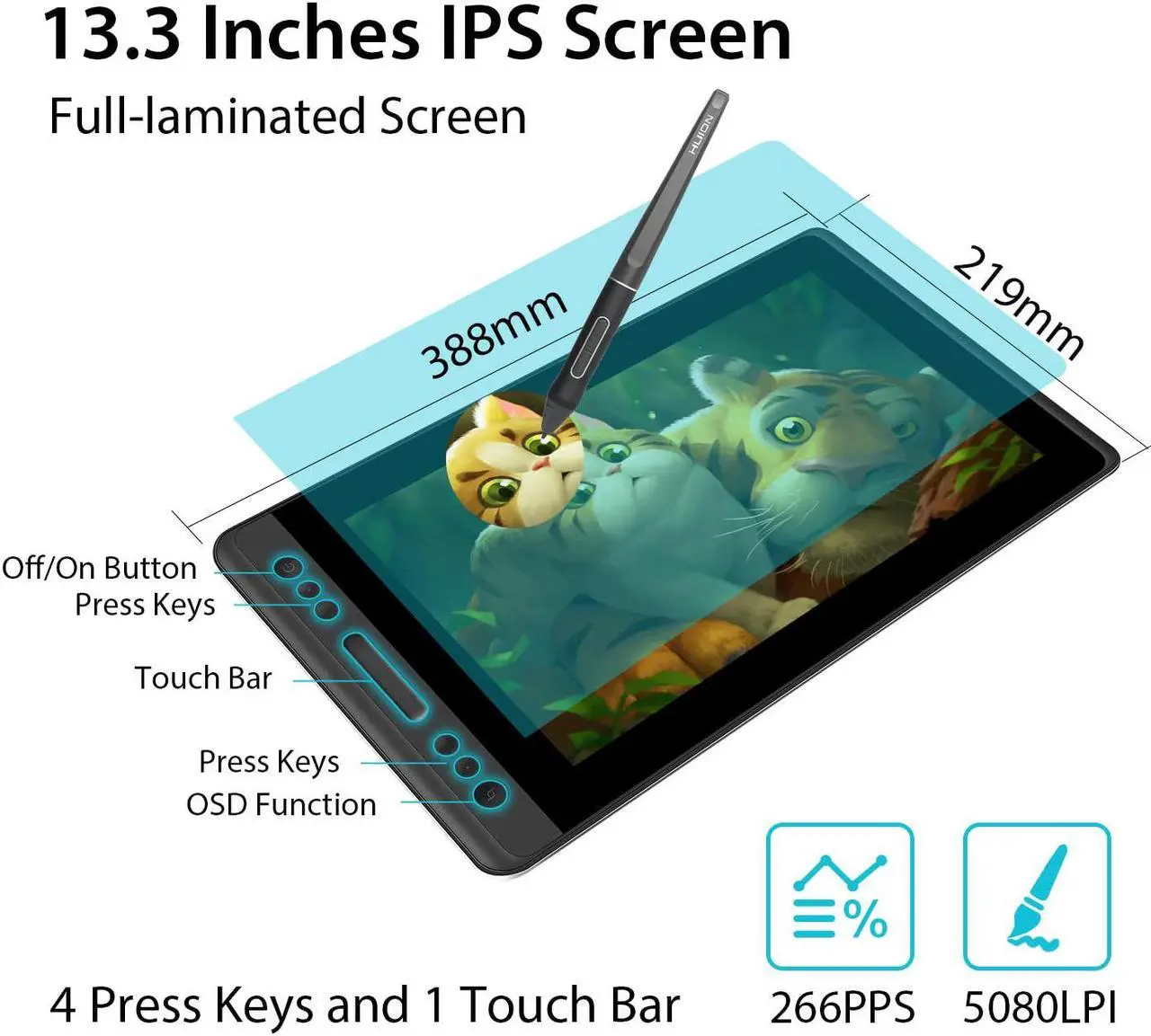 Alt view image 5 of 7 - Huion KAMVAS Pro 13 GT-133 Pen Display Drawing Monitor 13.3 Inches Tilt Function Battery-Free Stylus 8192 Pen Pressure(Stand Included)