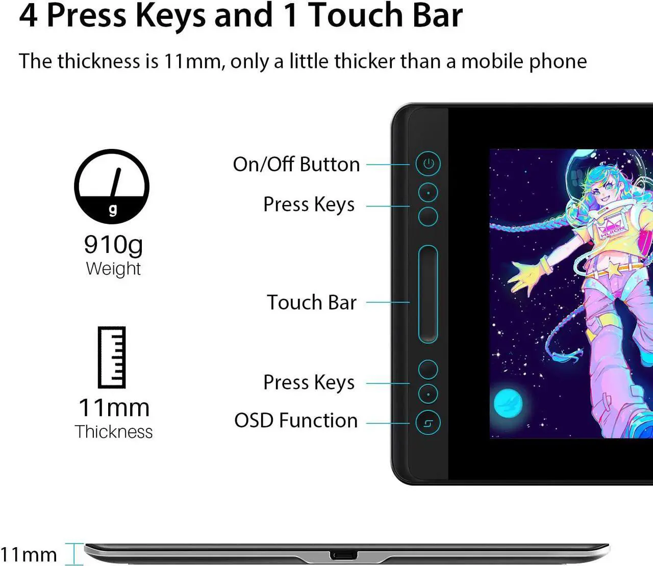Alt view image 3 of 7 - Huion KAMVAS Pro 13 GT-133 Pen Display Drawing Monitor 13.3 Inches Tilt Function Battery-Free Stylus 8192 Pen Pressure(Stand Included)