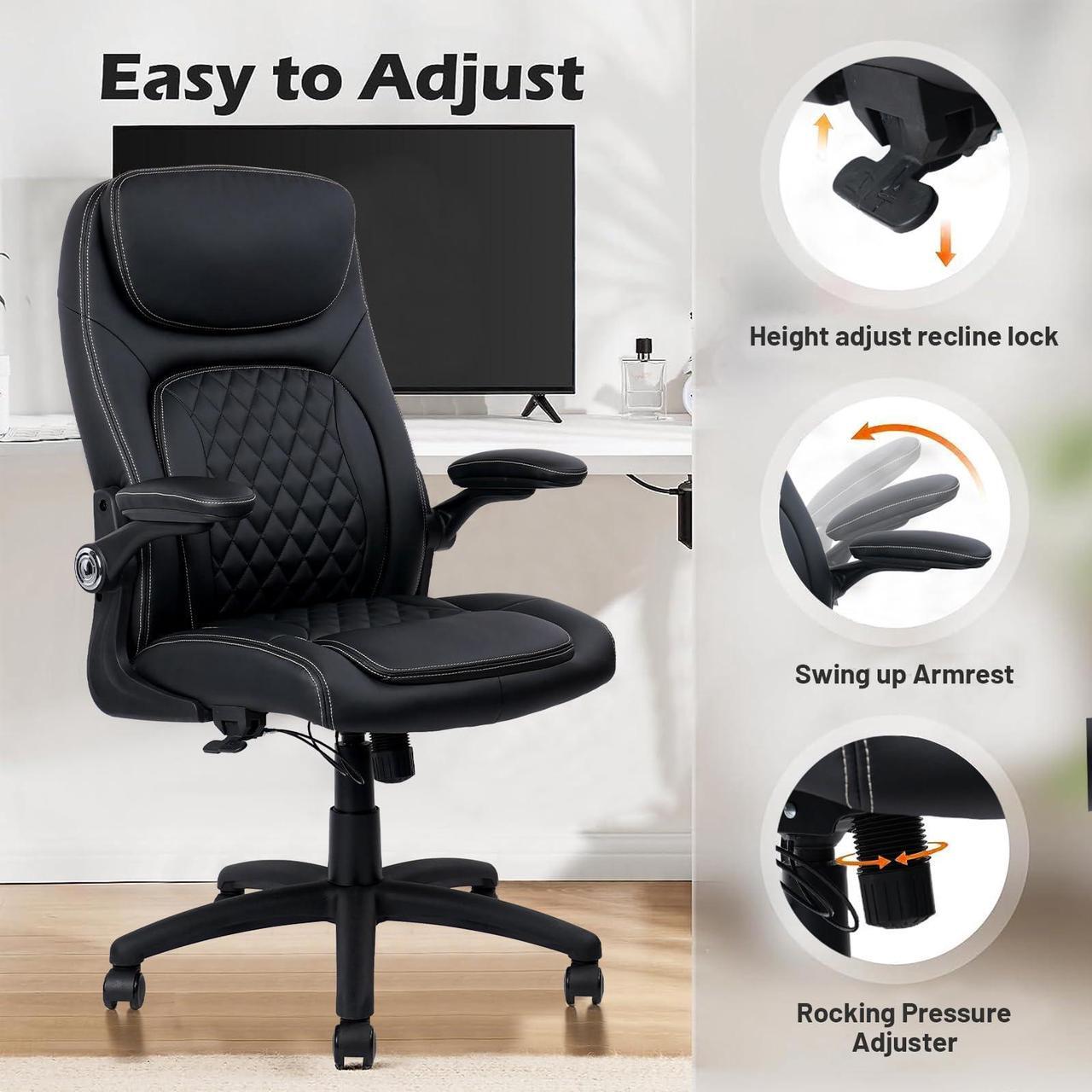 Alt view image 5 of 7 - CLATINA Executive Office Chair PU Leather with Adjustable Flip-up Armrests, High Back Ergonomic Computer Task Chair with Lumbar Support Wheels Swivel Rolling Rocking for Home Desk Chair, Black