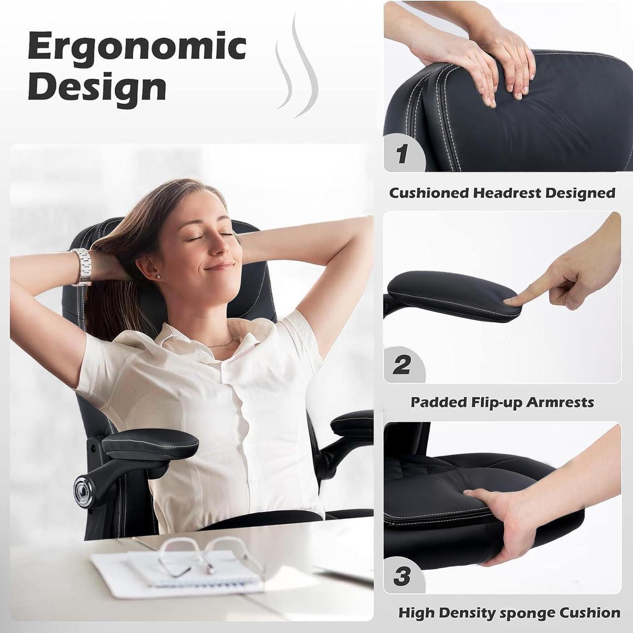 Alt view image 4 of 7 - CLATINA Executive Office Chair PU Leather with Adjustable Flip-up Armrests, High Back Ergonomic Computer Task Chair with Lumbar Support Wheels Swivel Rolling Rocking for Home Desk Chair, Black