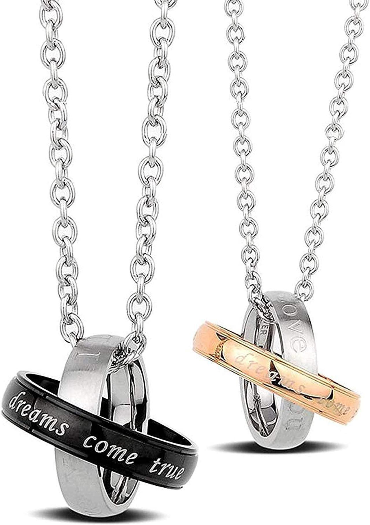 His & Her Stainless Steel "Dreams Come True" Couples Pendant Necklaces Set With Chains For Him And Her Boyfriend Girlfriend Gift