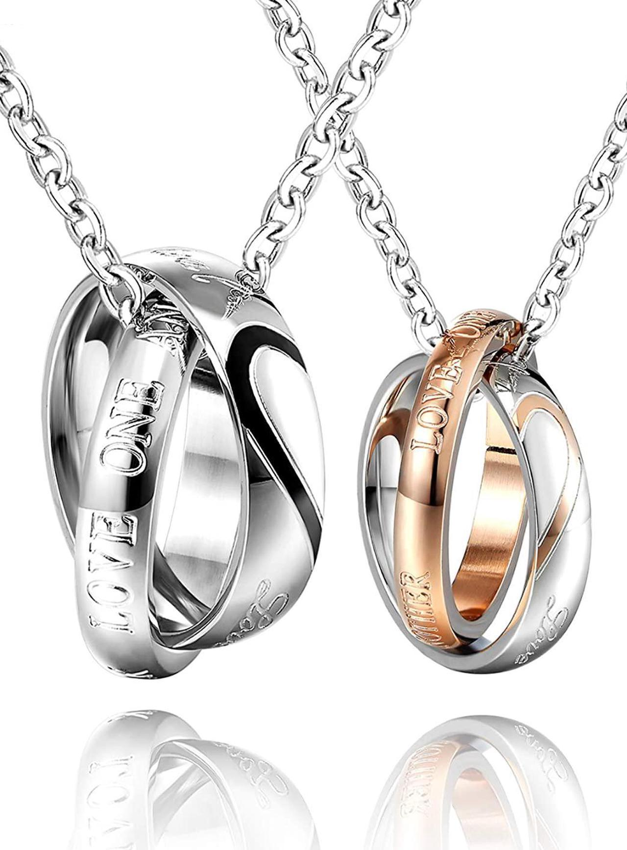 His & Her Stainless Steel Love Heart 'Love one another' Engraving Interlocking Ring Couples Pendant Necklace Men Women Boyfriend Girlfriend Double Ring Pair Set of 2