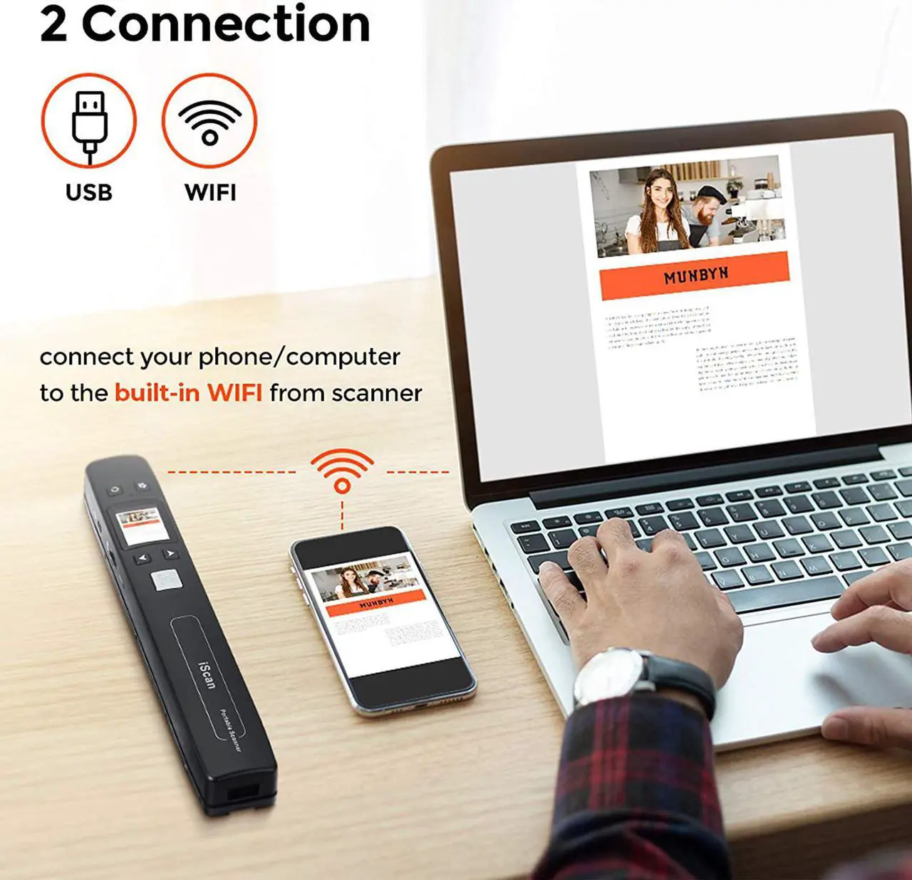 Alt view image 5 of 7 - Handheld Wand Portable Scanners for Document, Receipts, Old Pictures Built-in WiFi, 1050/600/300 DPI Resolution, Scan A4 Color Page in 3sec, Photo Scanner for Laptop, Mac, iOS, Android, Windows