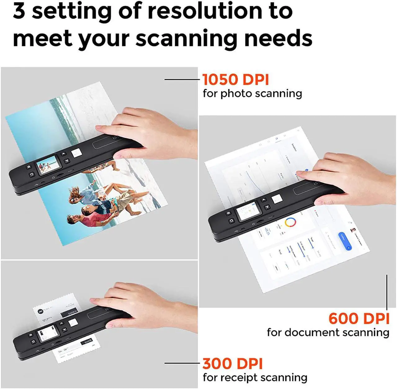 Alt view image 3 of 7 - Handheld Wand Portable Scanners for Document, Receipts, Old Pictures Built-in WiFi, 1050/600/300 DPI Resolution, Scan A4 Color Page in 3sec, Photo Scanner for Laptop, Mac, iOS, Android, Windows