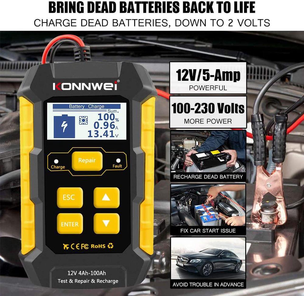 Alt view image 4 of 7 - KONNWEI 3 in 1 KW510 5-Amp Fully Automatic Battery Charger, 12V Car Battery Tester Smart Charger Automotive Pulse Repair Maintainer, Trickle Charger Battery Desulfator w/Temp Compensation