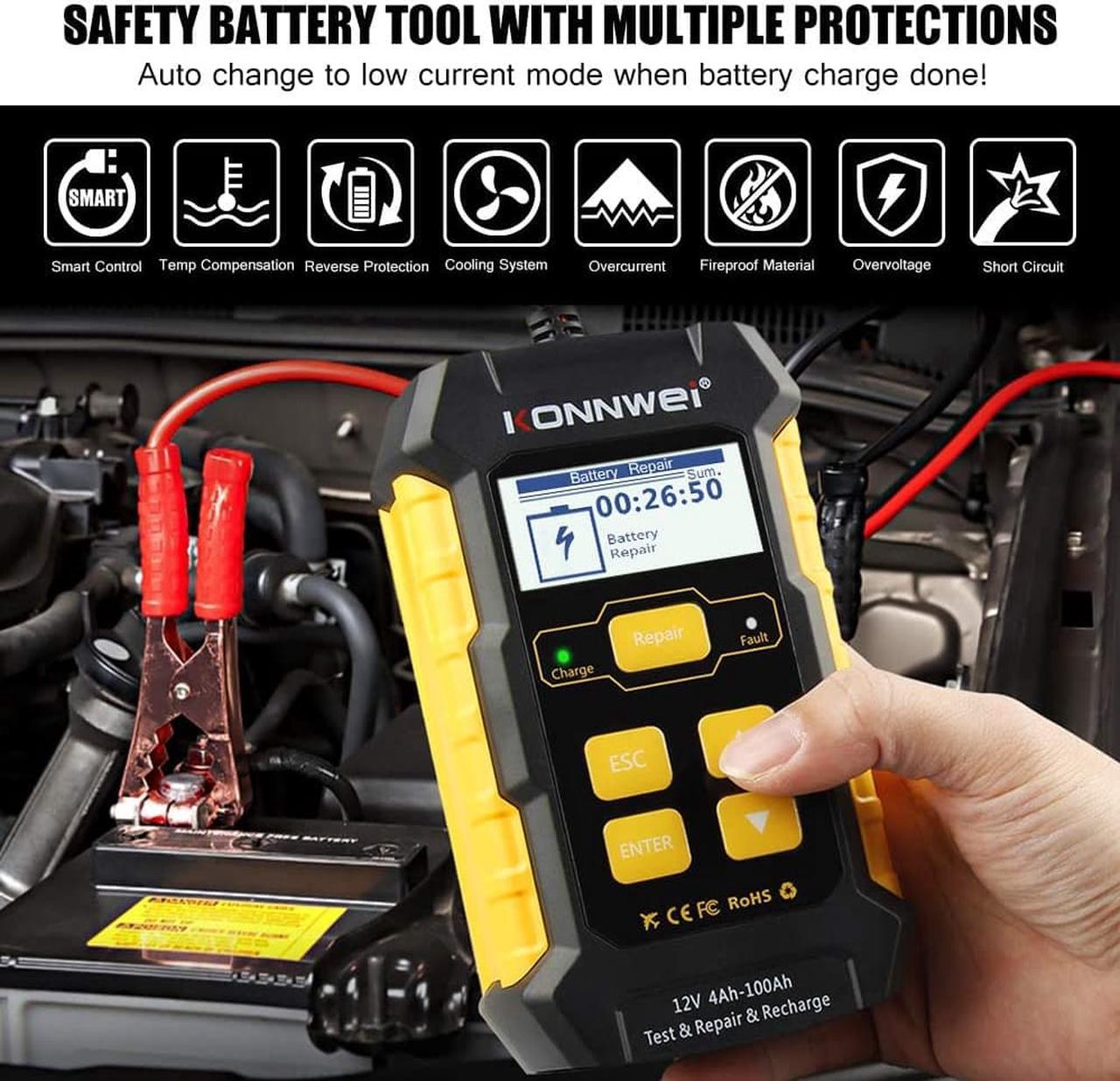 Alt view image 7 of 7 - KONNWEI 3 in 1 KW510 5-Amp Fully Automatic Battery Charger, 12V Car Battery Tester Smart Charger Automotive Pulse Repair Maintainer, Trickle Charger Battery Desulfator w/Temp Compensation