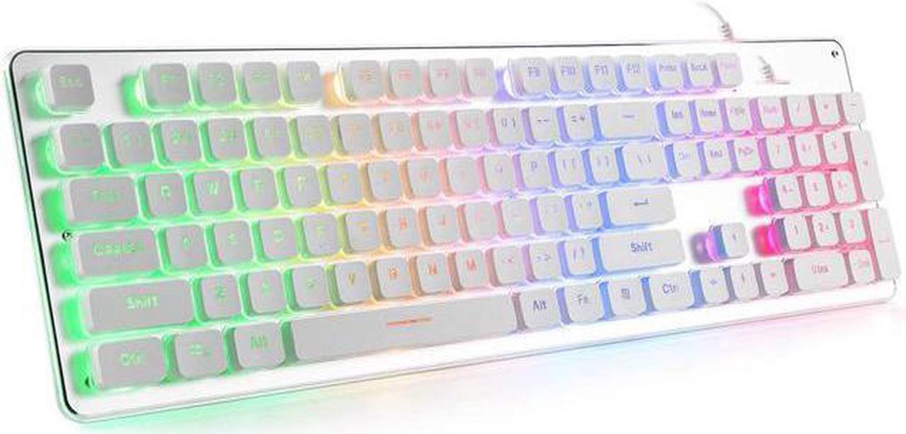 LANGTU Membrane Gaming Keyboard Rainbow LED Backlight Silent Keyboard USB Wired Full Metal Panel 25-Key Anti-Ghosting Computer Keyboard 104-Key-White