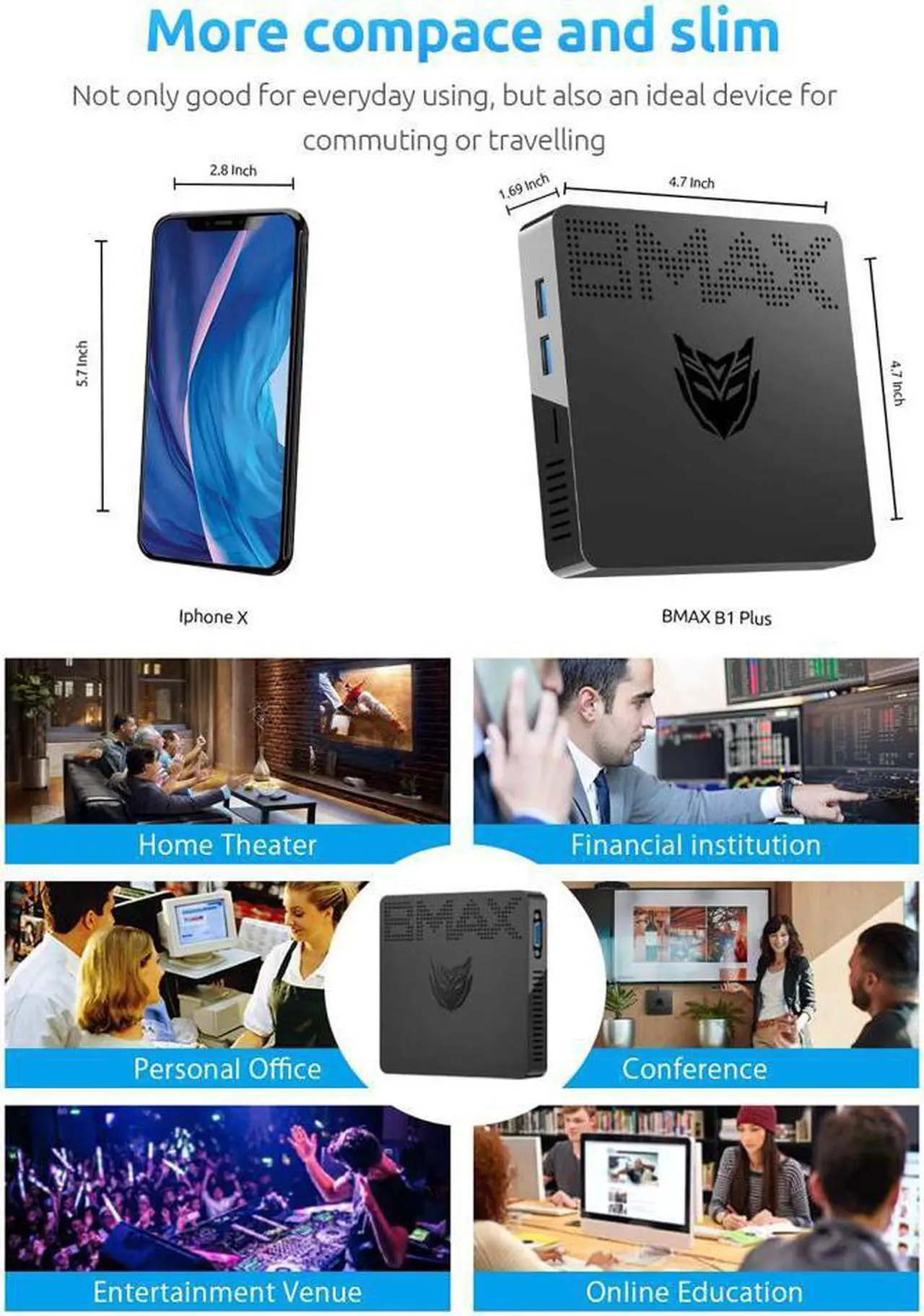 Alt view image 4 of 7 - BMAX B1 Plus Intel Celeron N3350 Mini PC 6GB LPDDR4 64GB eMMC 1.1GHz to 2.4GHz Intel HD Graphics 500 BT4.2 M.2 SATA 2280 Windows 10(64bit)