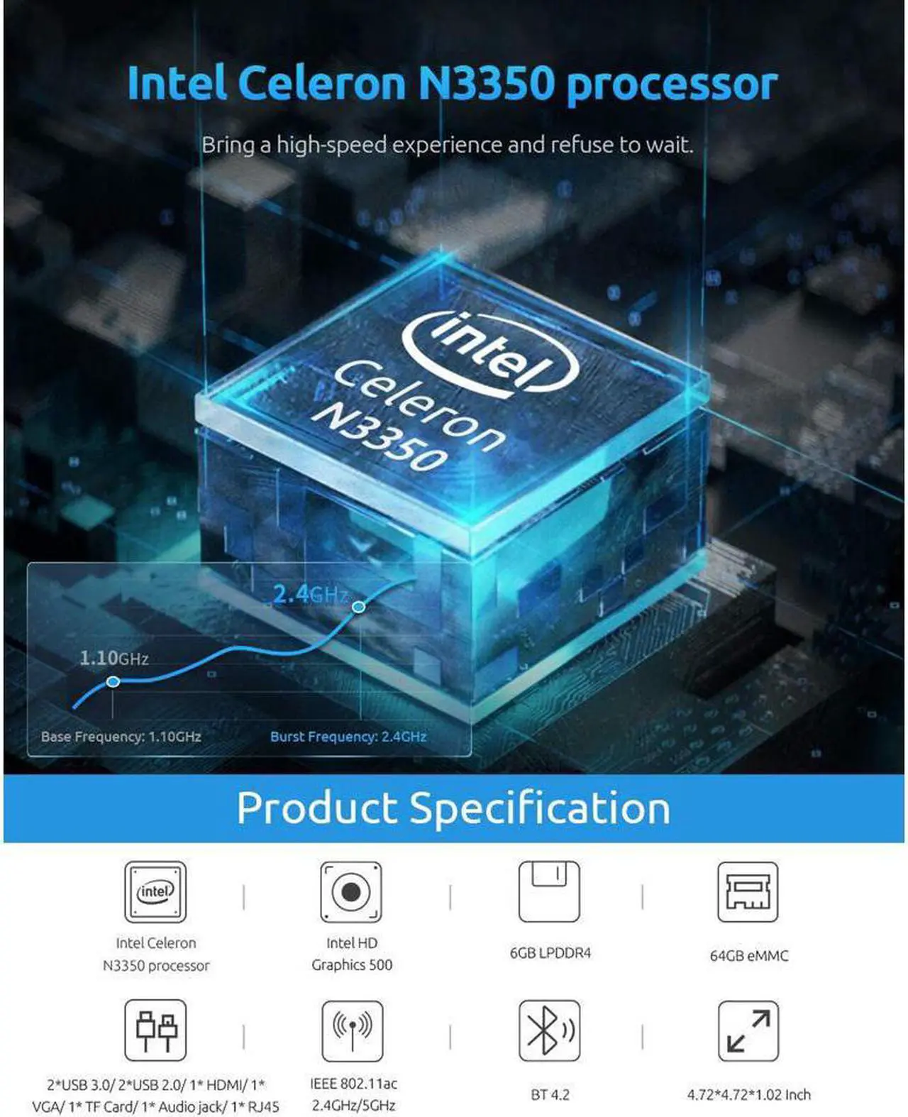 Alt view image 2 of 7 - BMAX B1 Plus Intel Celeron N3350 Mini PC 6GB LPDDR4 64GB eMMC 1.1GHz to 2.4GHz Intel HD Graphics 500 BT4.2 M.2 SATA 2280 Windows 10(64bit)