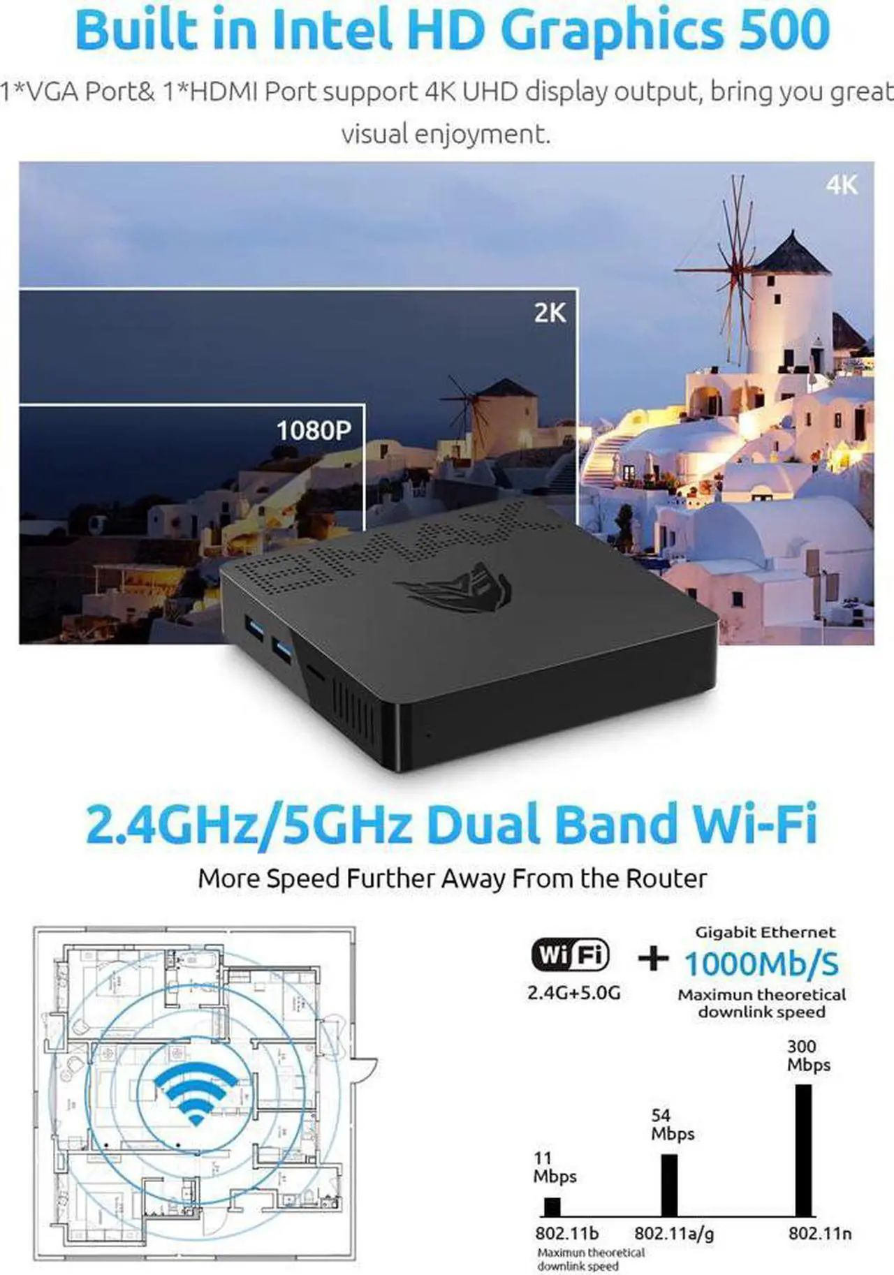 Alt view image 5 of 7 - BMAX B1 Plus Intel Celeron N3350 Mini PC 6GB LPDDR4 64GB eMMC 1.1GHz to 2.4GHz Intel HD Graphics 500 BT4.2 M.2 SATA 2280 Windows 10(64bit)