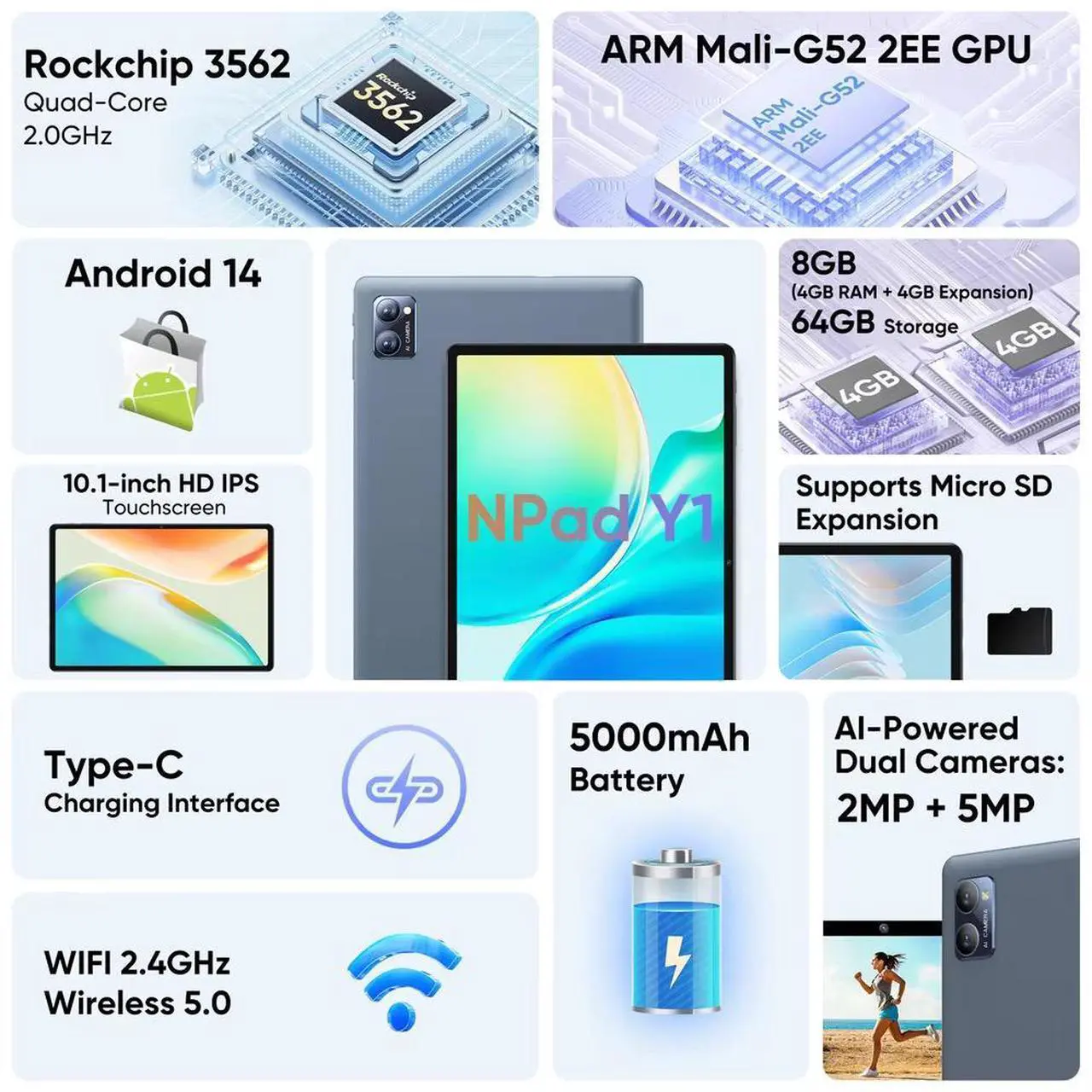 Alt view image 2 of 6 - N-one Npad Y Android 14 10.1" Tablet (4+4) 8GB+128GB 1280*800 IPS Screen 4-Cores UNISOC RK3562 WIFI Study Tablet