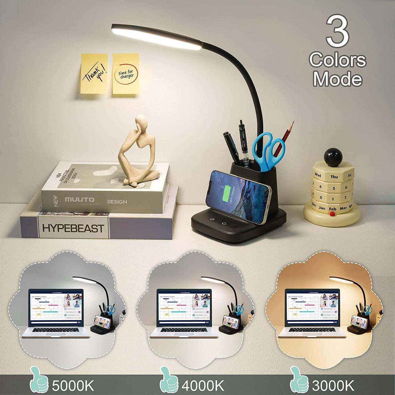 Alt view image 3 of 7 - Sailstar Desk Lamp, LED Desk Lamps for Home Office, Wireless Charger Small Desk Lamp with Pen Holder, 3 Color Modes, Dimmable, CRI 85, 800 LM, Study Lamp for College Dorm Room, Adapter Included, Black