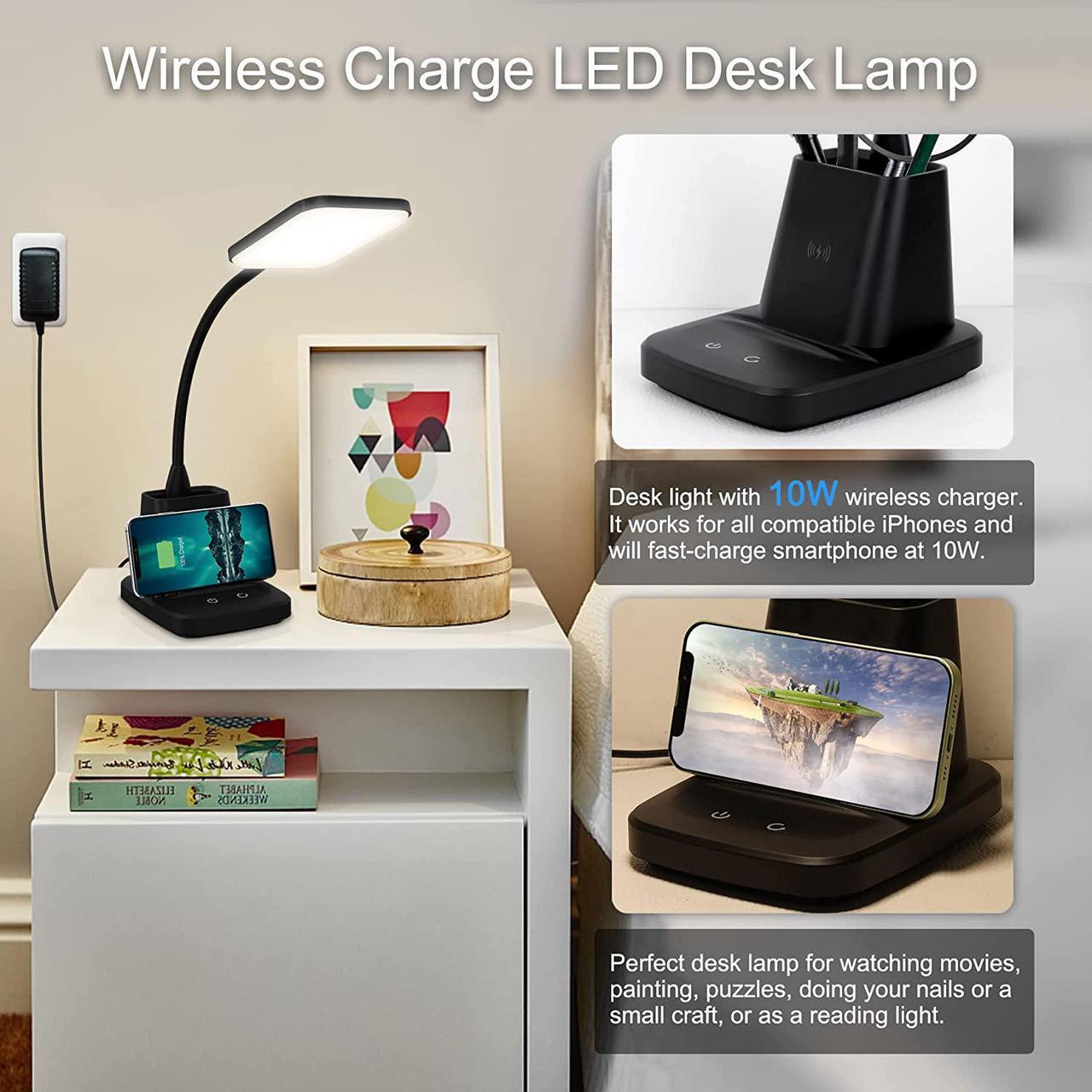 Alt view image 2 of 7 - Sailstar Desk Lamp, LED Desk Lamps for Home Office, Wireless Charger Small Desk Lamp with Pen Holder, 3 Color Modes, Dimmable, CRI 85, 800 LM, Study Lamp for College Dorm Room, Adapter Included, Black