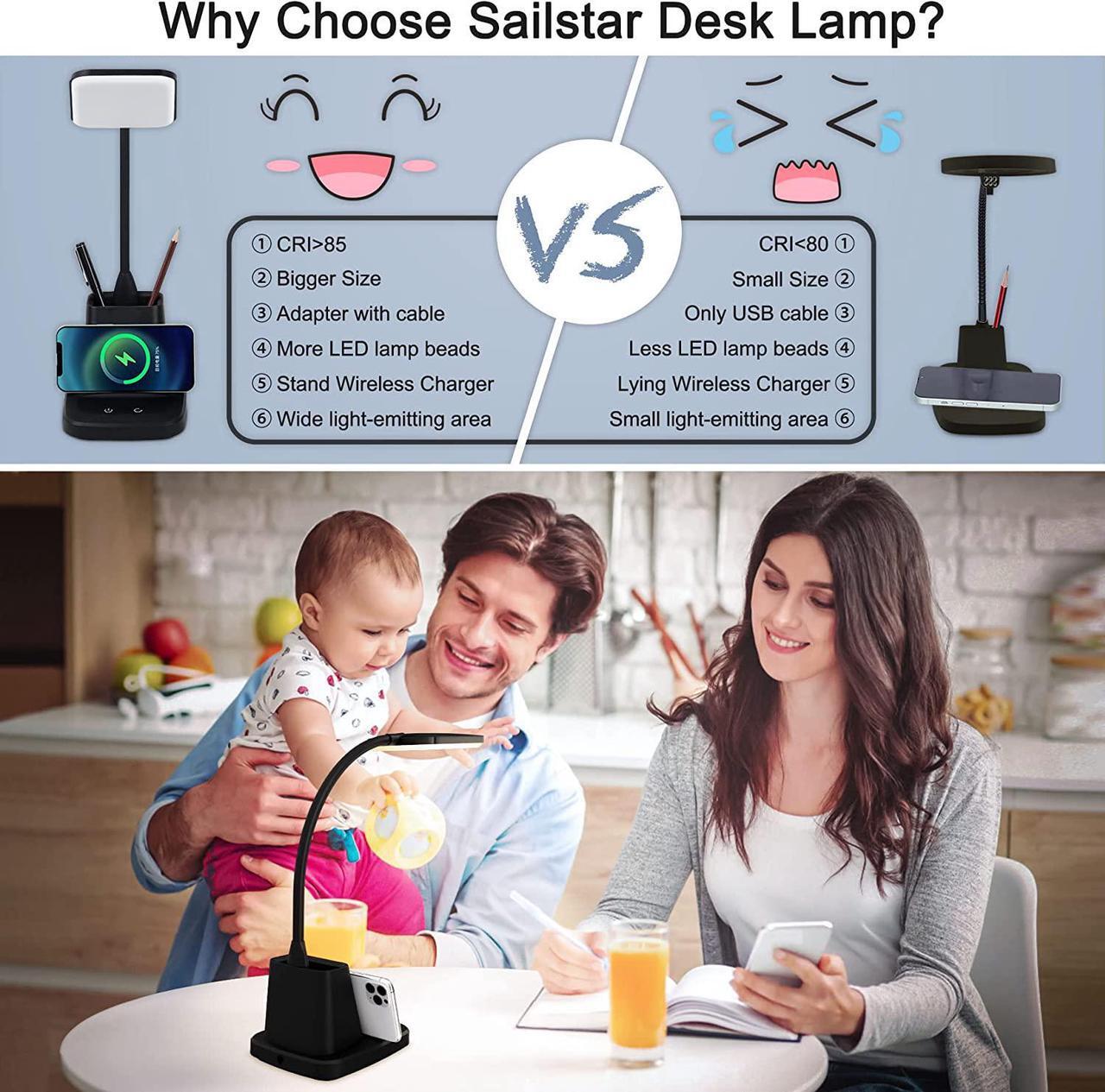 Alt view image 5 of 7 - Sailstar Desk Lamp, LED Desk Lamps for Home Office, Wireless Charger Small Desk Lamp with Pen Holder, 3 Color Modes, Dimmable, CRI 85, 800 LM, Study Lamp for College Dorm Room, Adapter Included, Black