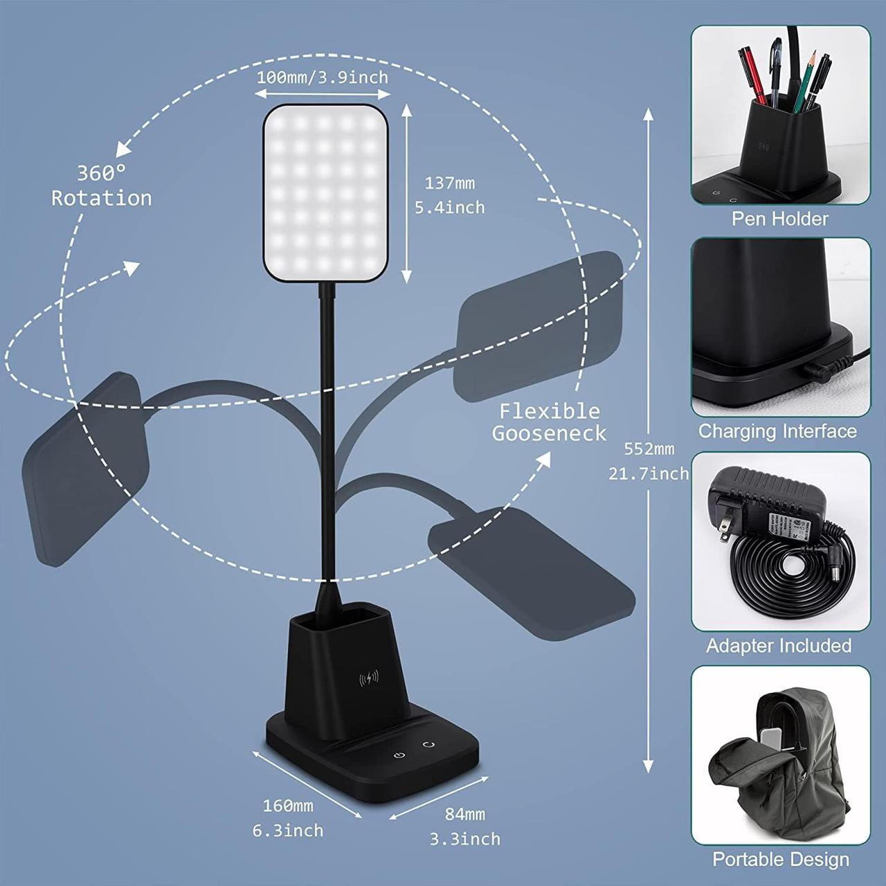 Alt view image 7 of 7 - Sailstar Desk Lamp, LED Desk Lamps for Home Office, Wireless Charger Small Desk Lamp with Pen Holder, 3 Color Modes, Dimmable, CRI 85, 800 LM, Study Lamp for College Dorm Room, Adapter Included, Black