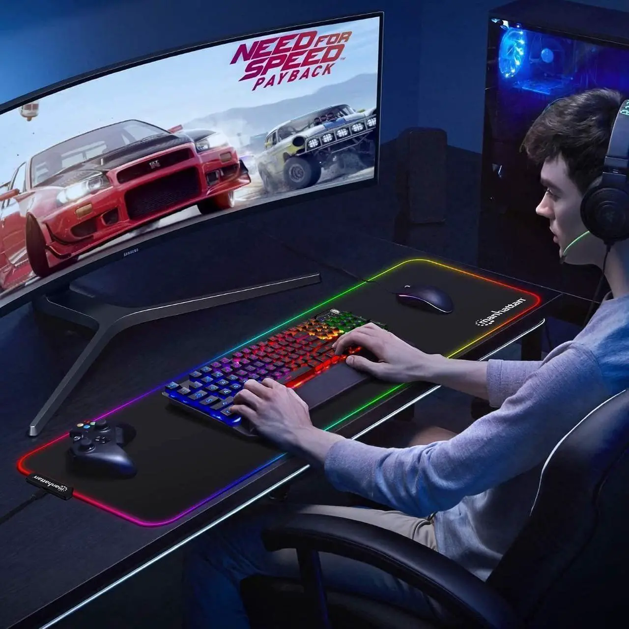 Alt view image 4 of 7 - Manhattan Products XXL RGB LED Gaming Mousepad - Extra Large Gaming Mousepad - XL Mouse Pad with Splash-Resistant Surface Rubber Base - Extended Keyboard Desk Mat - Gamer RGB Mousepad - 32x14