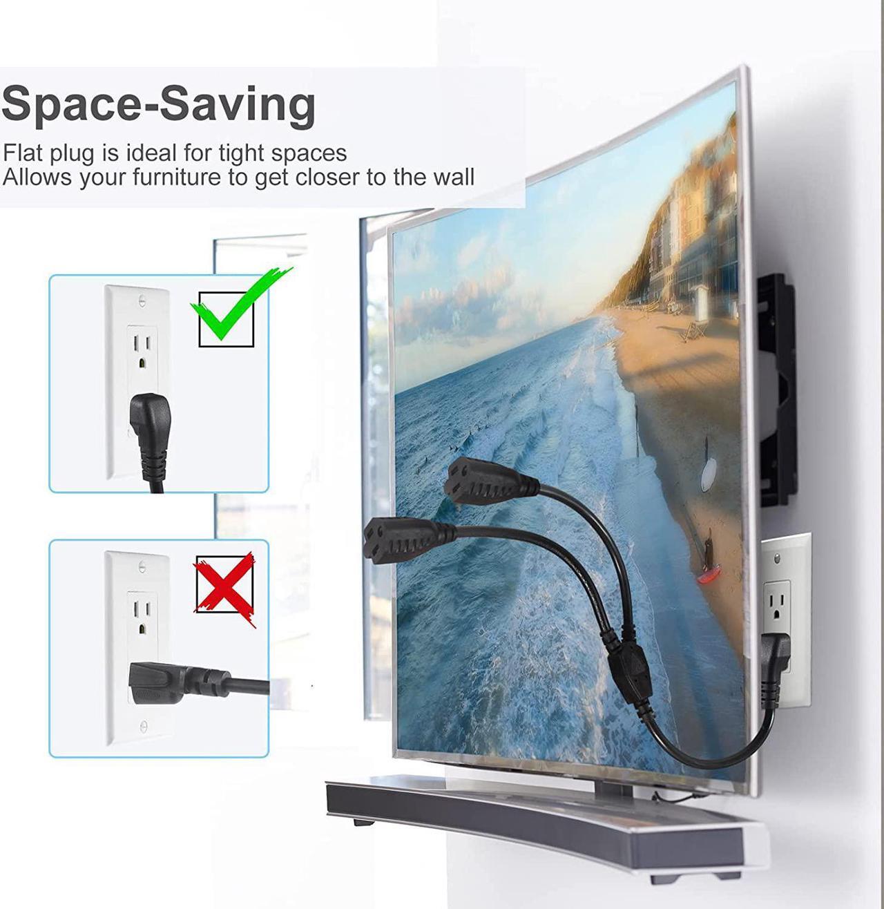 Alt view image 2 of 7 - Power Cord Extension Y Splitter - 1 to 2 Way Outlet Adapter NEMA 5-15P 90-Degree Flat Plug to 2 X NEMA 5-15R with SJT 16AWG 3-Prong Cable Wire Extender Space Saver for Kitchen Home Office