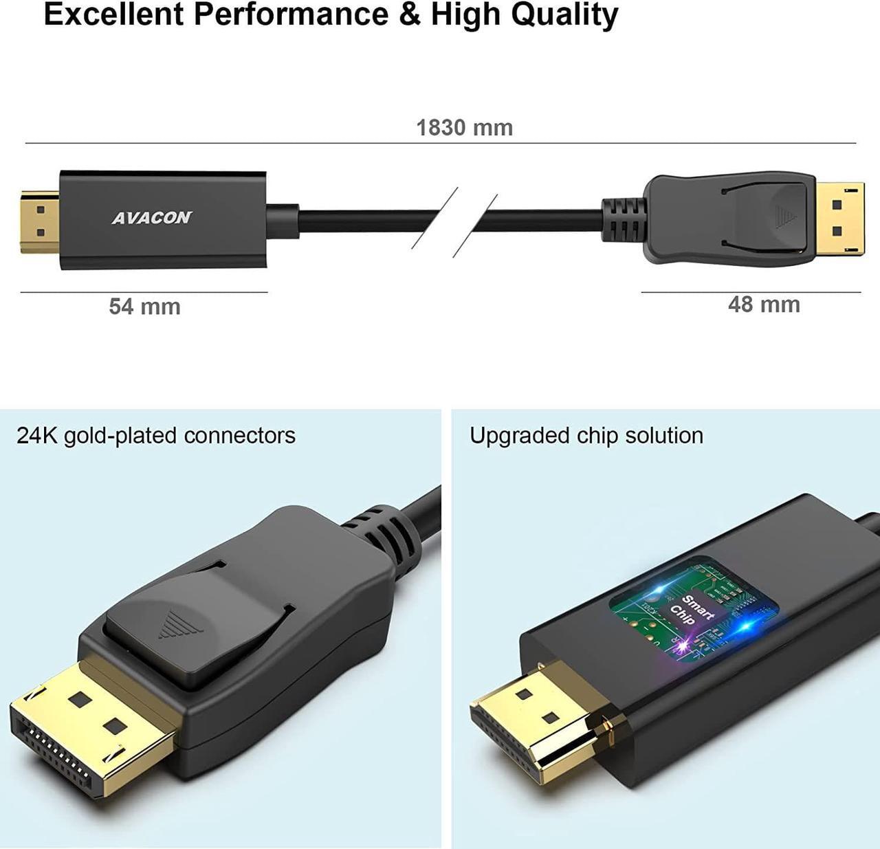 Alt view image 6 of 7 - 4K DisplayPort to HDMI 6 Feet Gold-Plated Cable Uni-Directional DP 1.2 Computer to HDMI 1.4 Screen DisplayPort to HDMI Adapter Male to Male Black