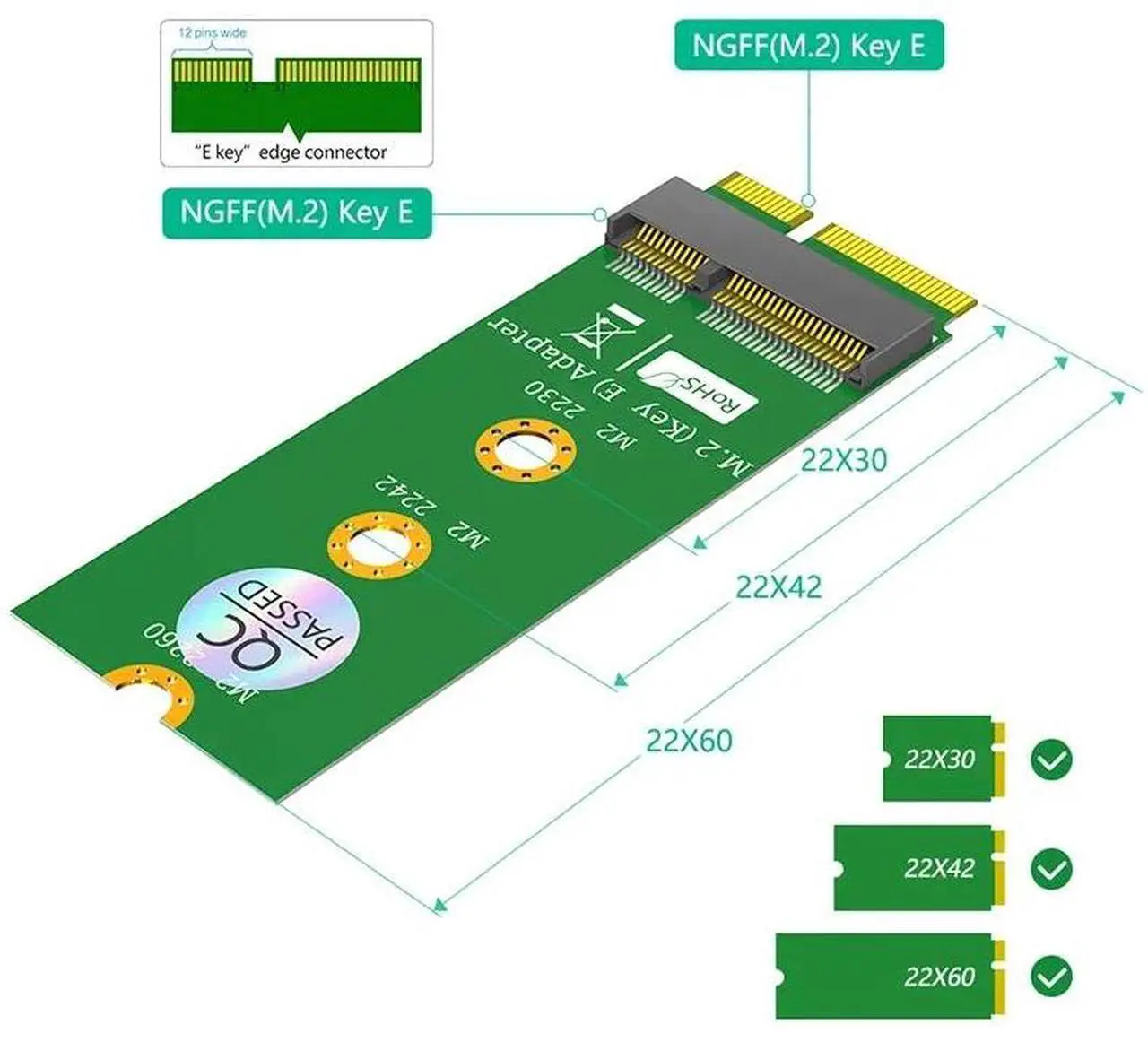 Alt view image 3 of 6 - NEW M.2 Key E Adapter NGFF M2 Key E Male to Female Connector Converter Riser Card Support 2230 2242 2260 AX200 AX201 WiFi Module