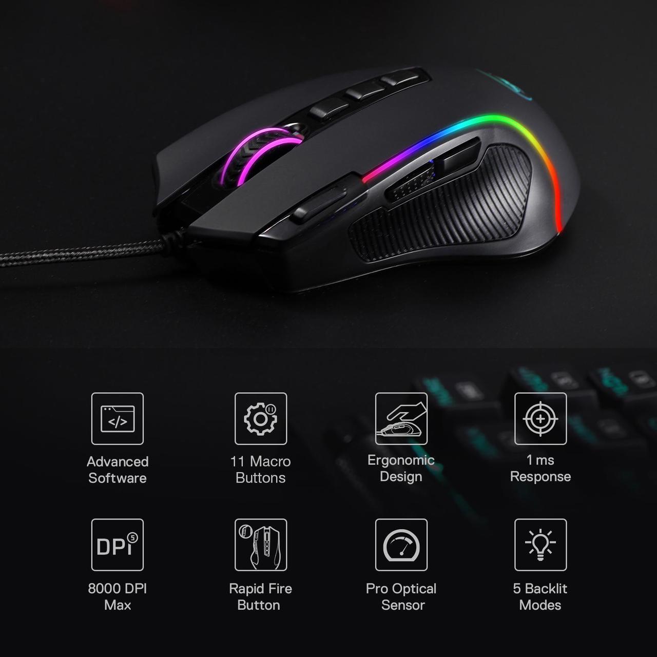 Alt view image 2 of 6 - Redragon M612 Predator RGB Gaming Mouse, 8000 DPI Wired Optical Gamer Mouse with 11 Programmable Buttons & 5 Backlit Modes, Software Supports DIY Keybinds Rapid Fire Button