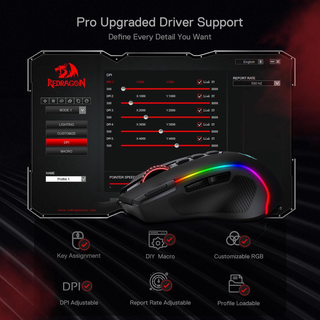 Alt view image 5 of 6 - Redragon M612 Predator RGB Gaming Mouse, 8000 DPI Wired Optical Gamer Mouse with 11 Programmable Buttons & 5 Backlit Modes, Software Supports DIY Keybinds Rapid Fire Button