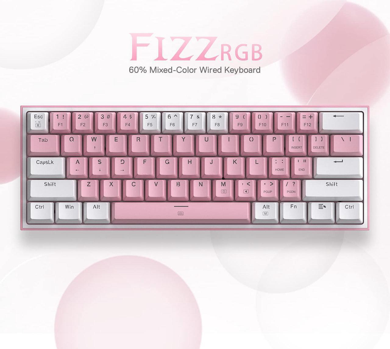 Alt view image 2 of 7 - Redragon K617 Fizz 60% Wired RGB Gaming Keyboard, 61 Keys Compact Mechanical Keyboard w/White and Pink Color Keycaps, Linear Red Switch, Pro Driver/Software Supported