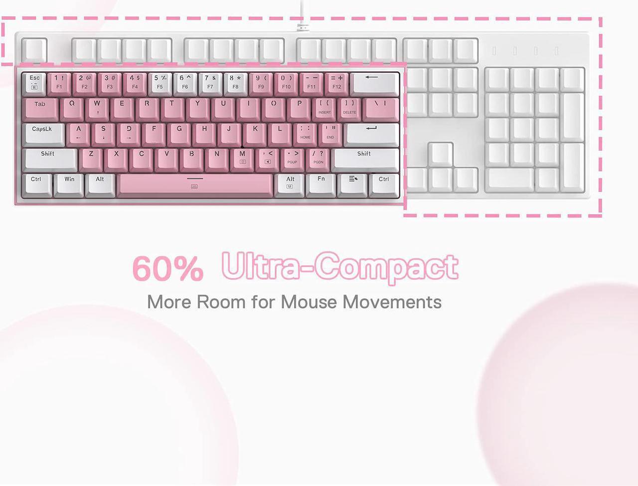 Alt view image 4 of 7 - Redragon K617 Fizz 60% Wired RGB Gaming Keyboard, 61 Keys Compact Mechanical Keyboard w/White and Pink Color Keycaps, Linear Red Switch, Pro Driver/Software Supported