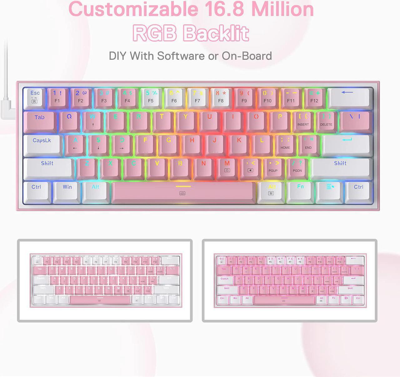 Alt view image 6 of 7 - Redragon K617 Fizz 60% Wired RGB Gaming Keyboard, 61 Keys Compact Mechanical Keyboard w/White and Pink Color Keycaps, Linear Red Switch, Pro Driver/Software Supported