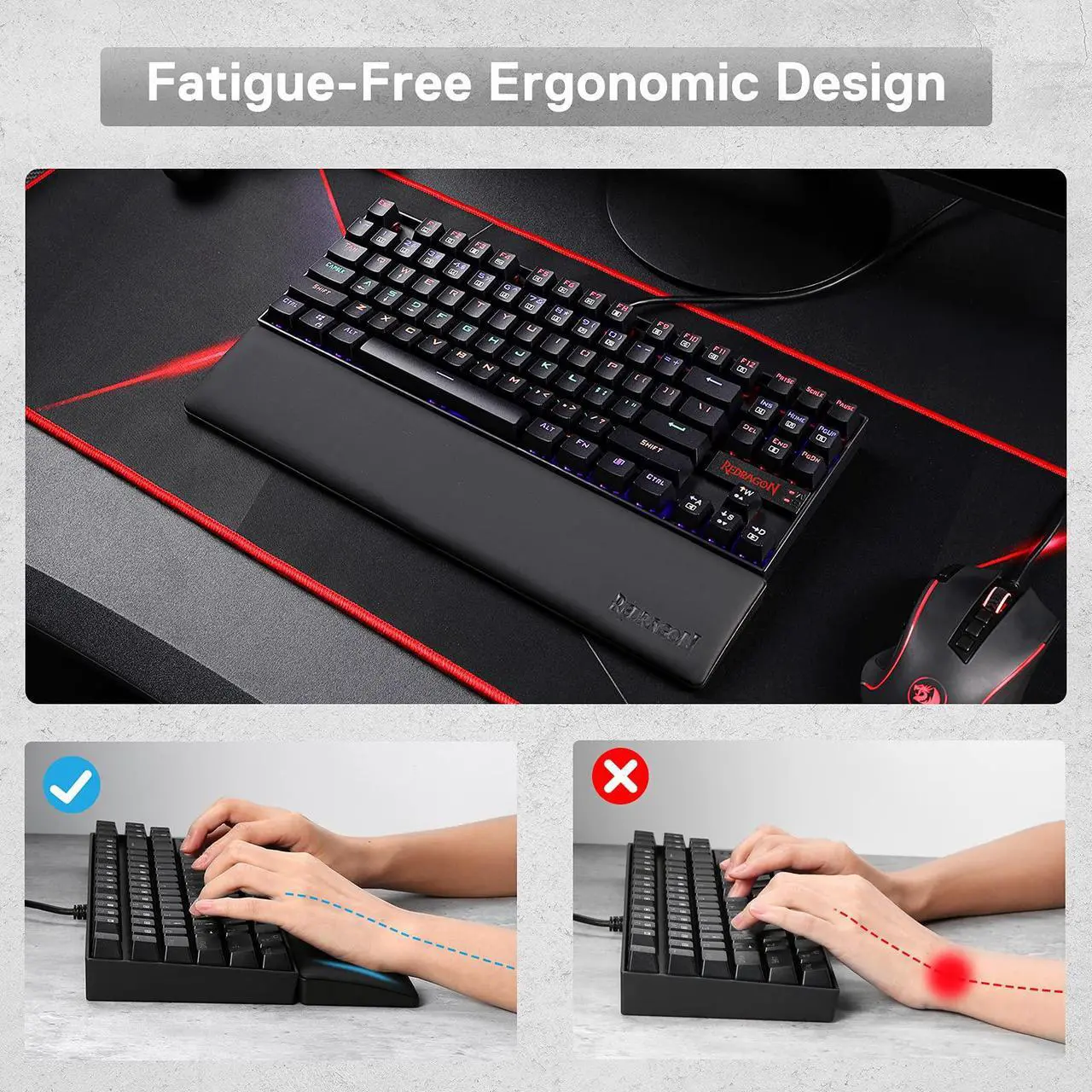 Alt view image 5 of 7 - Redragon P036 Meteor M Computer Keyboard Wrist Rest Pad, Ergonomic Soft Memory Foam Wrist Support w/Anti-Slip Rubber Base, 80% 87 Keys TKL Size 14.13 x 2.87 in, 0.78 inch (20mm) Height, Black